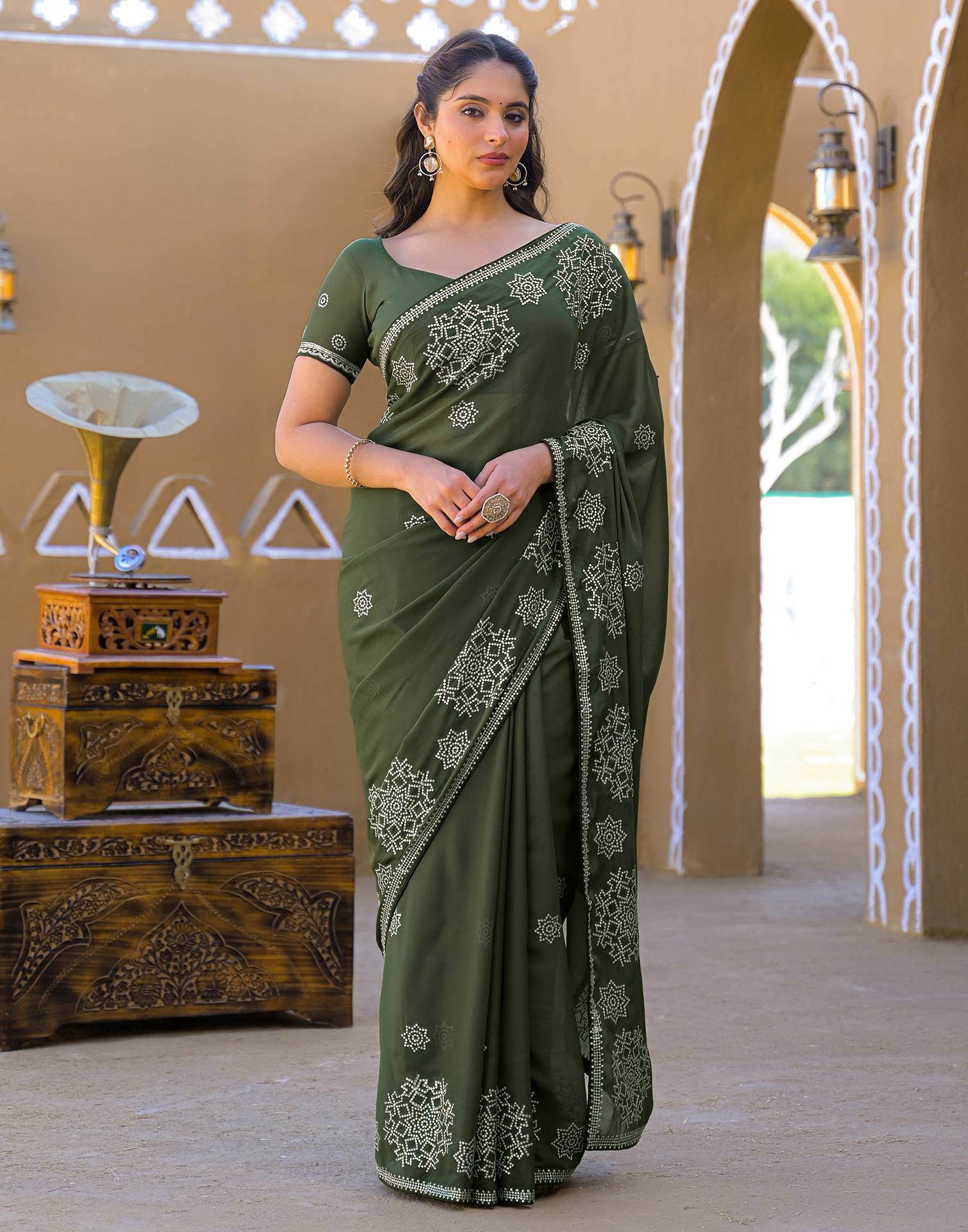 Mehandi Green Shimmer Sequence Embroidery Saree