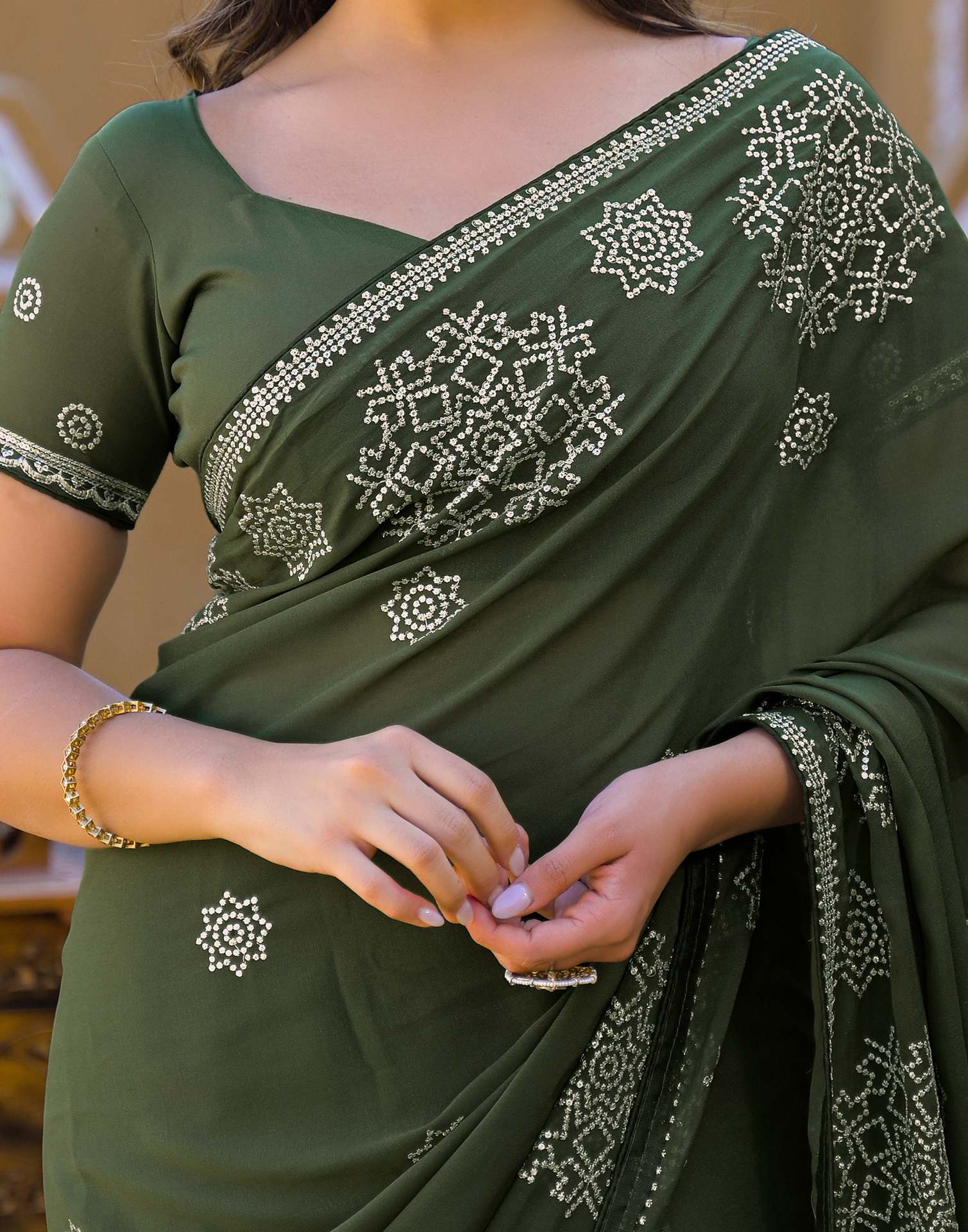 Mehandi Green Shimmer Sequence Embroidery Saree - Image 10
