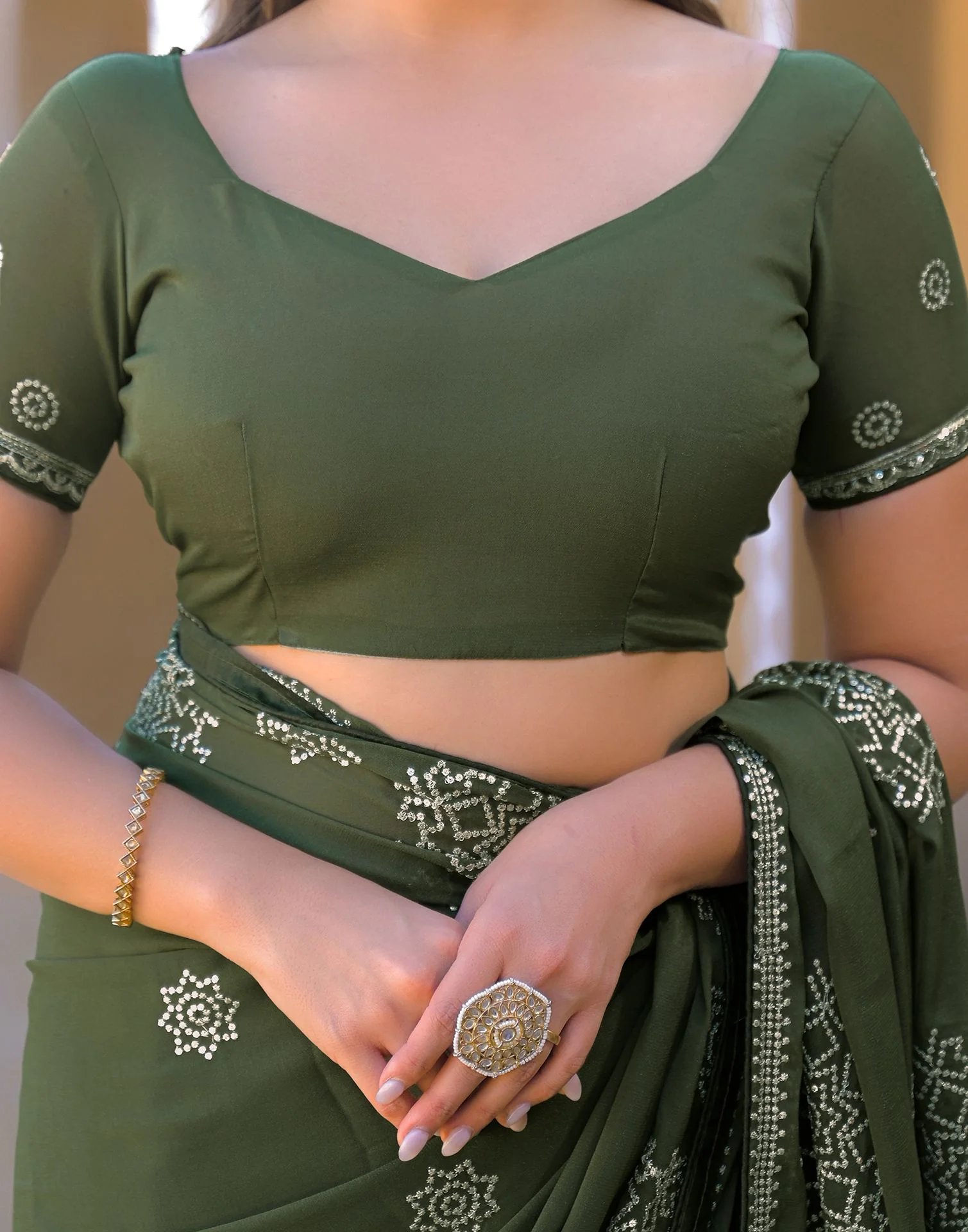 Mehandi Green Shimmer Sequence Embroidery Saree - Image 11