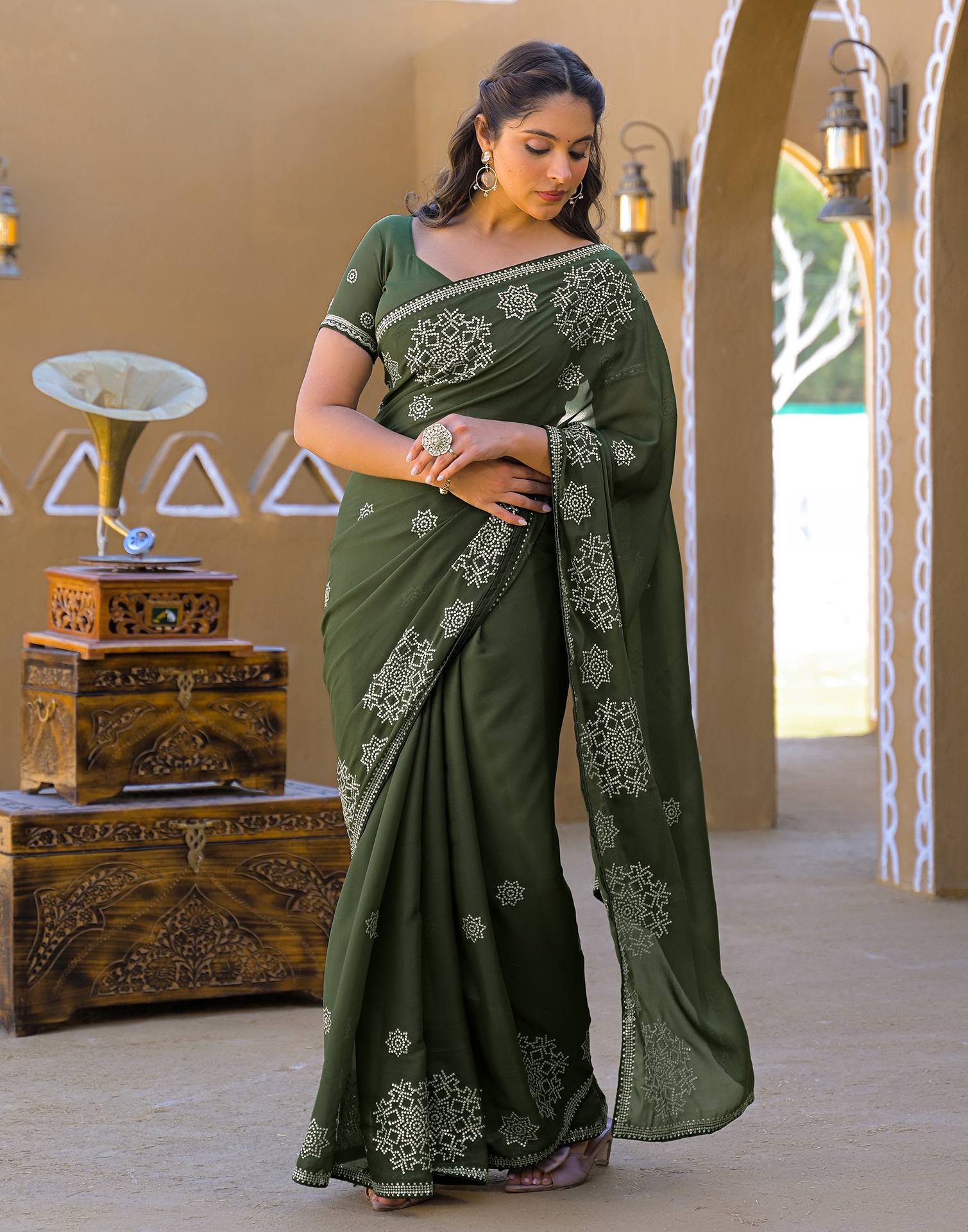 Mehandi Green Shimmer Sequence Embroidery Saree - Image 6