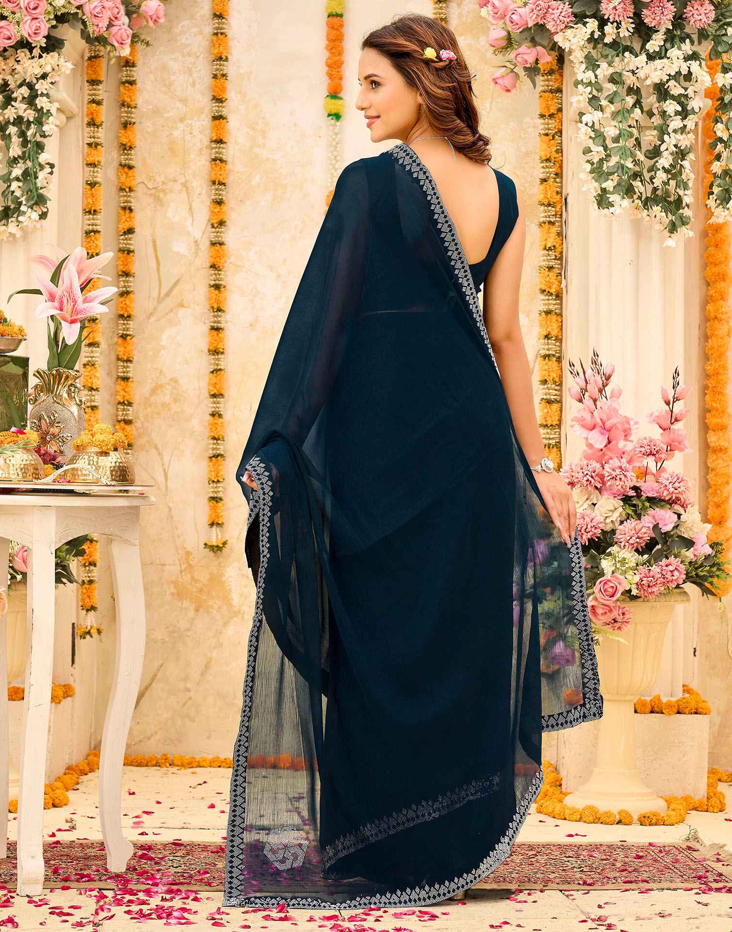 Navy Blue Shimmer Stone Work Swarovski Saree - Image 6