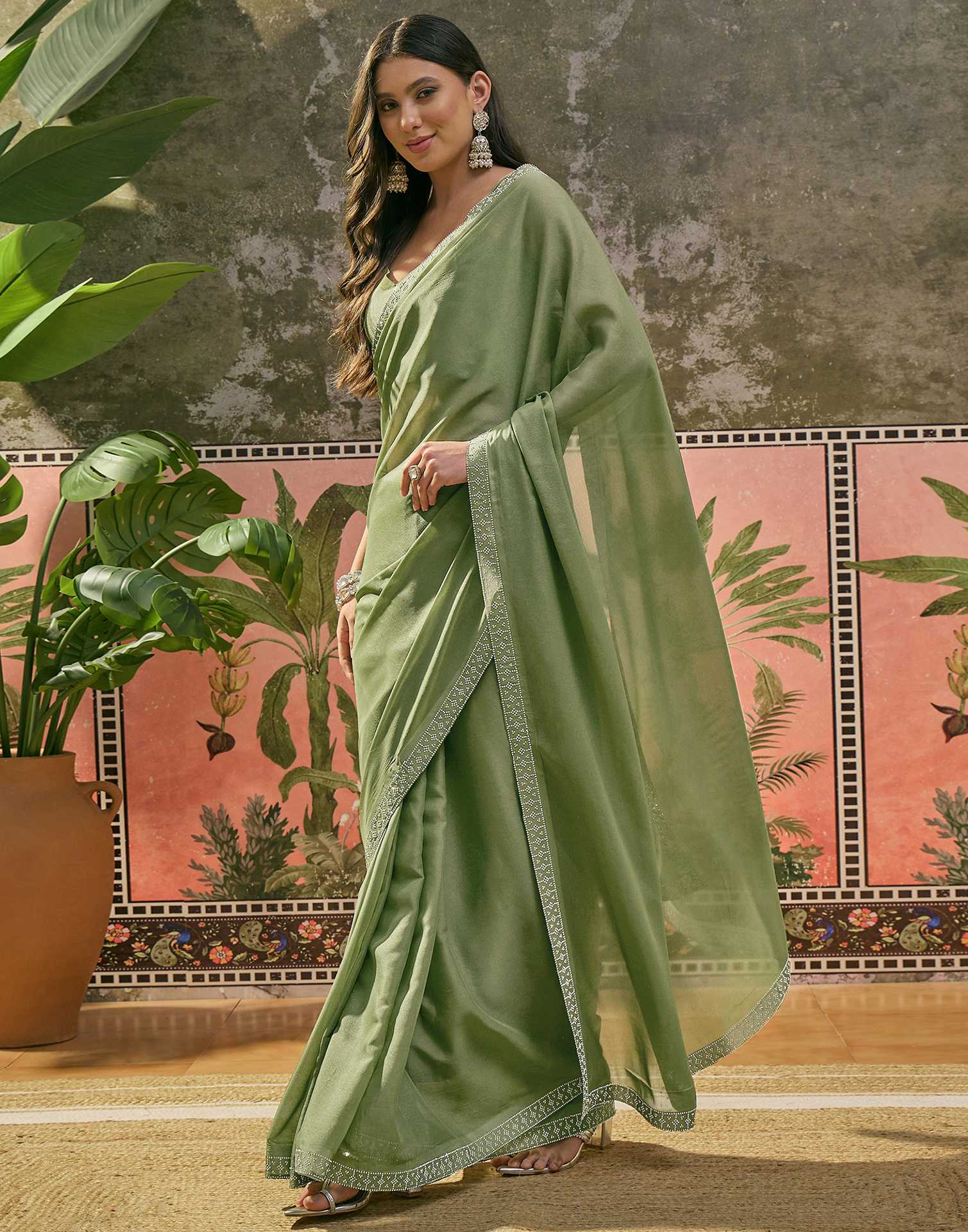 Mehandi Green Shimmer Stone Work Swarovski Saree - Image 5