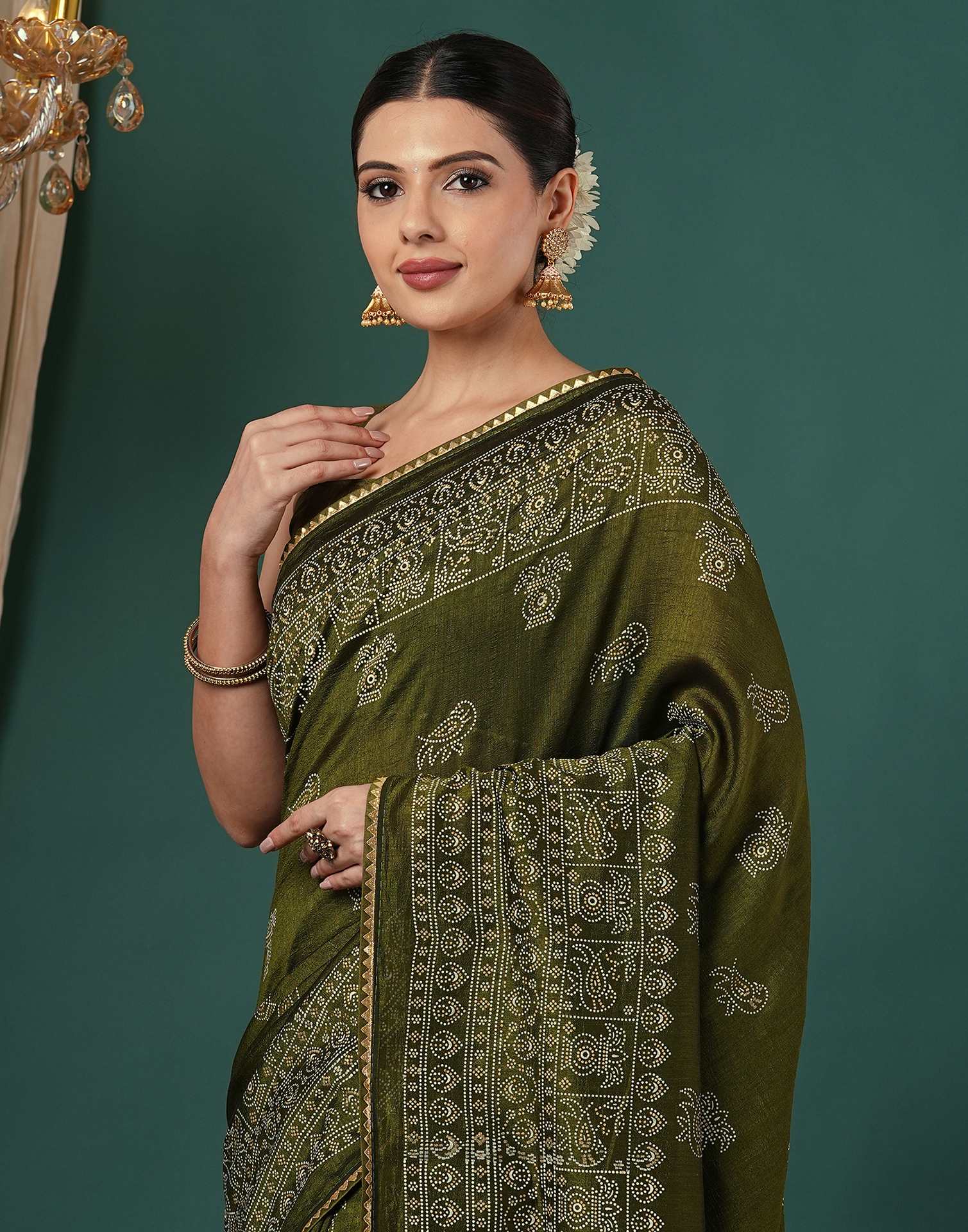 Mehandi Green Silk Printed Saree - Image 2