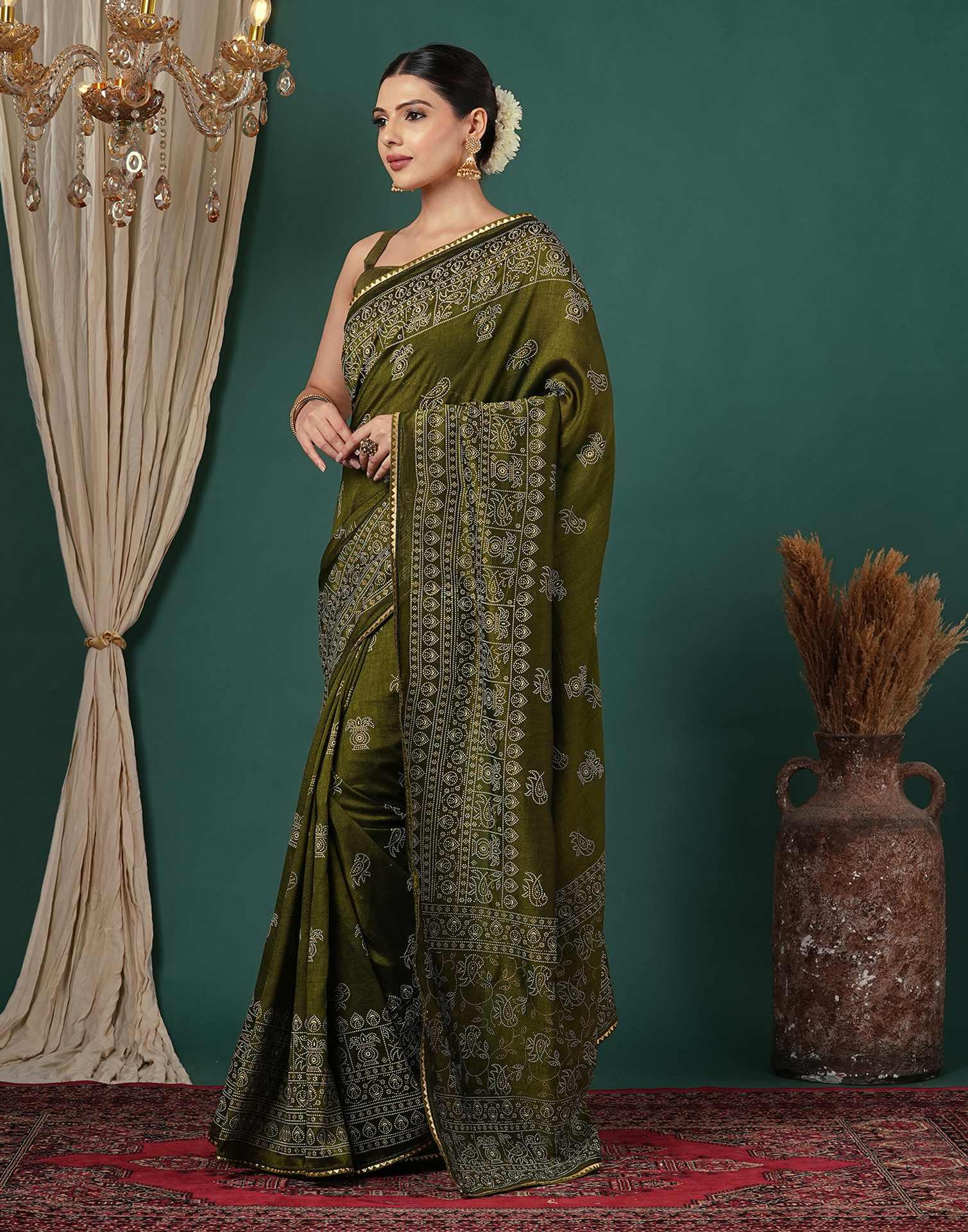 Mehandi Green Silk Printed Saree - Image 4