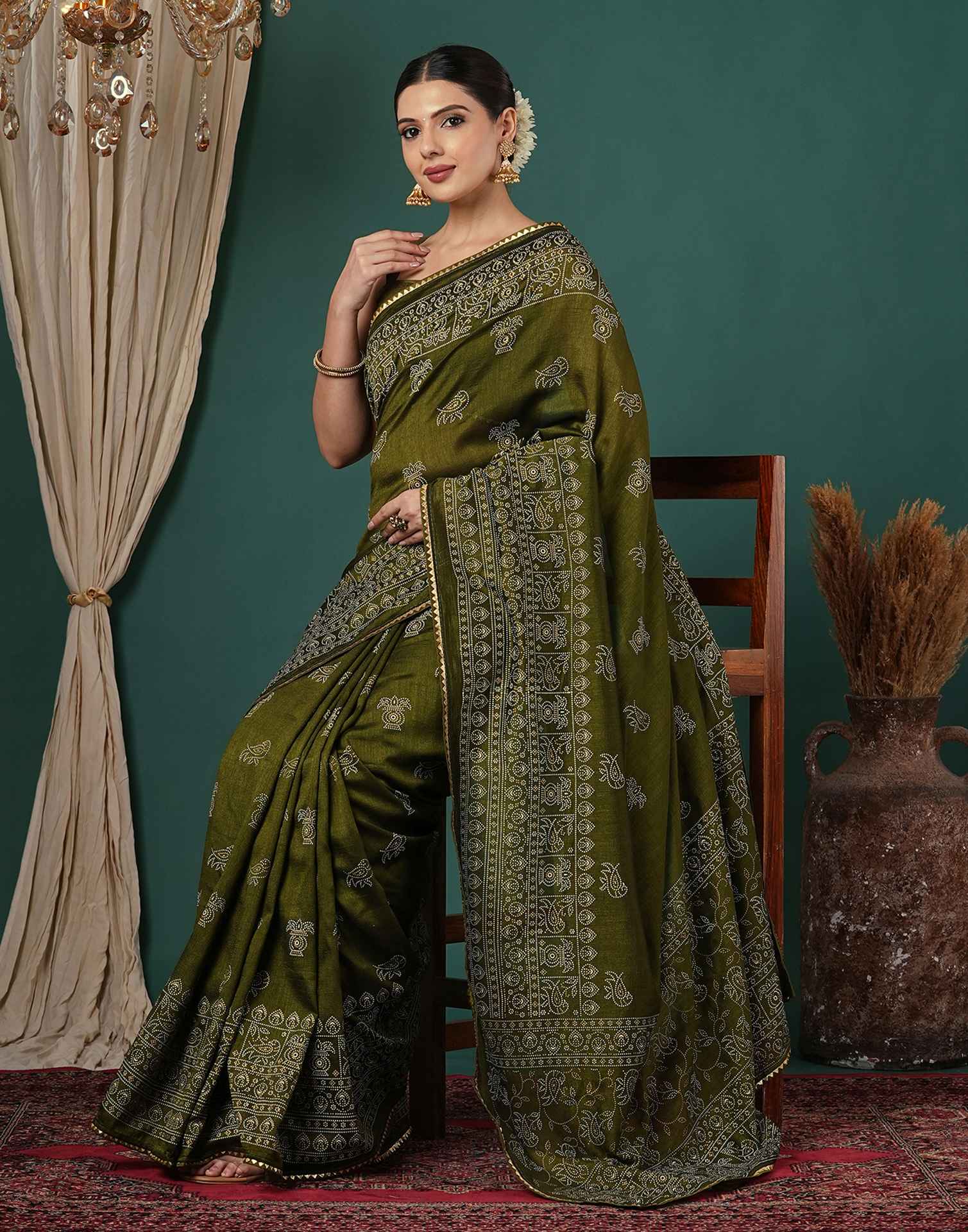 Mehandi Green Silk Printed Saree - Image 5