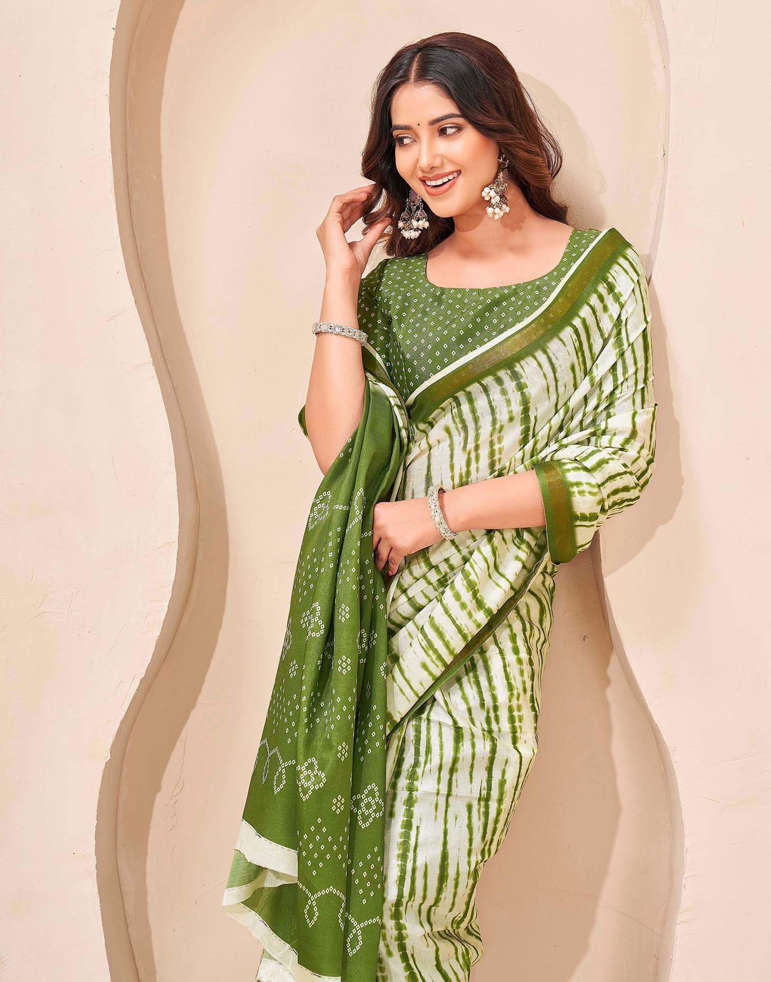 Mehandi Green Silk Printed Zari Stripe Saree - Image 2