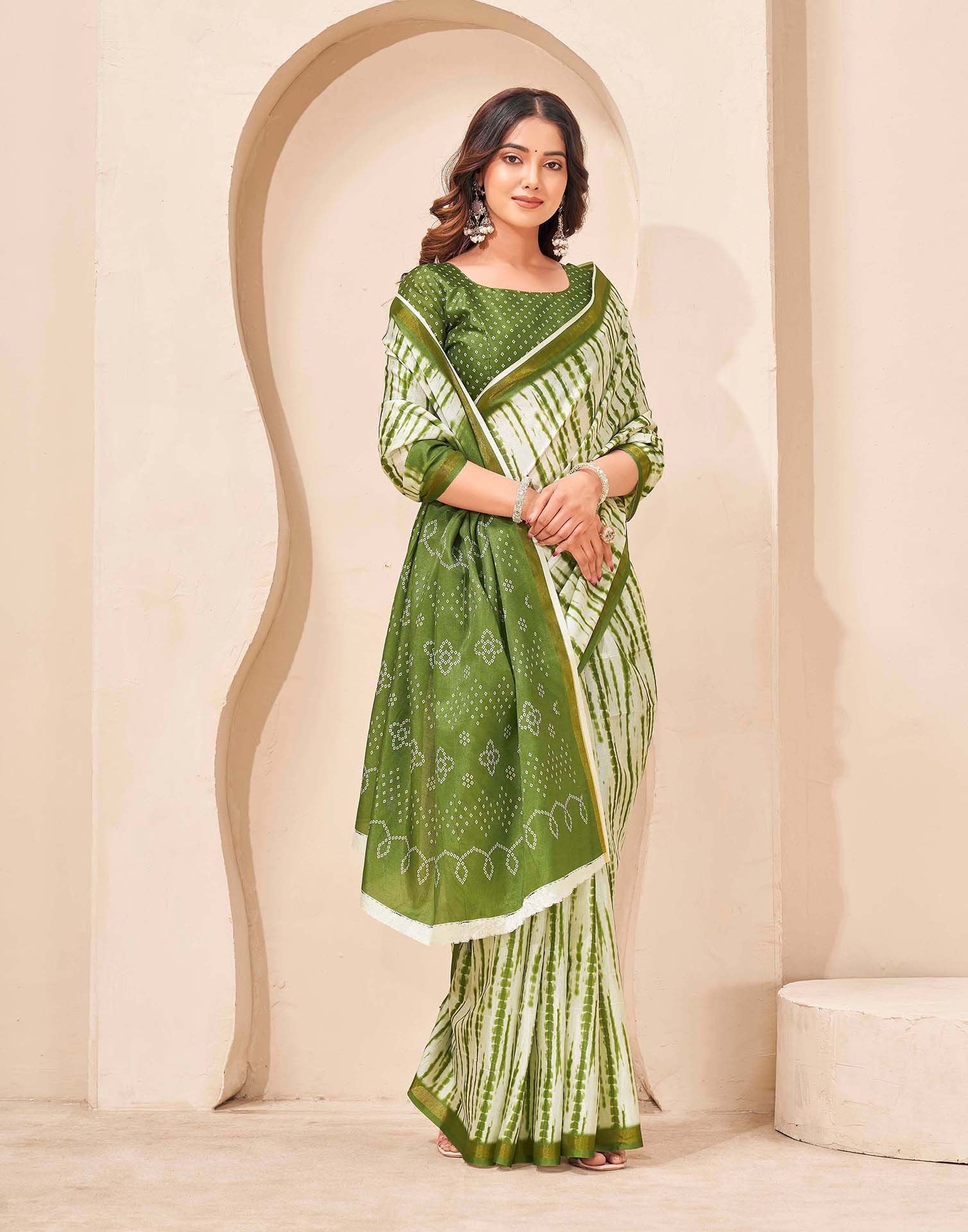 Mehandi Green Silk Printed Zari Stripe Saree - Image 5