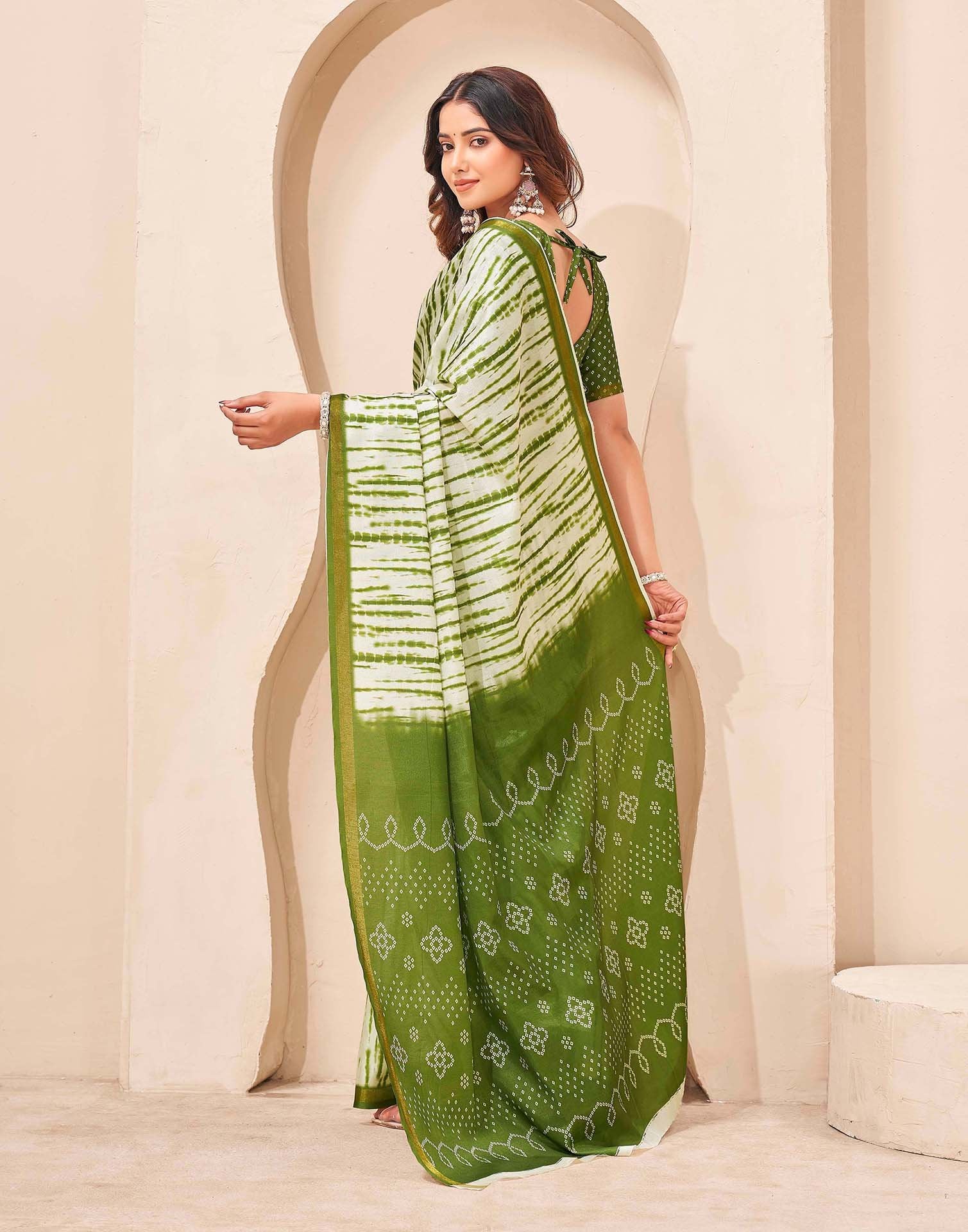 Mehandi Green Silk Printed Zari Stripe Saree - Image 6