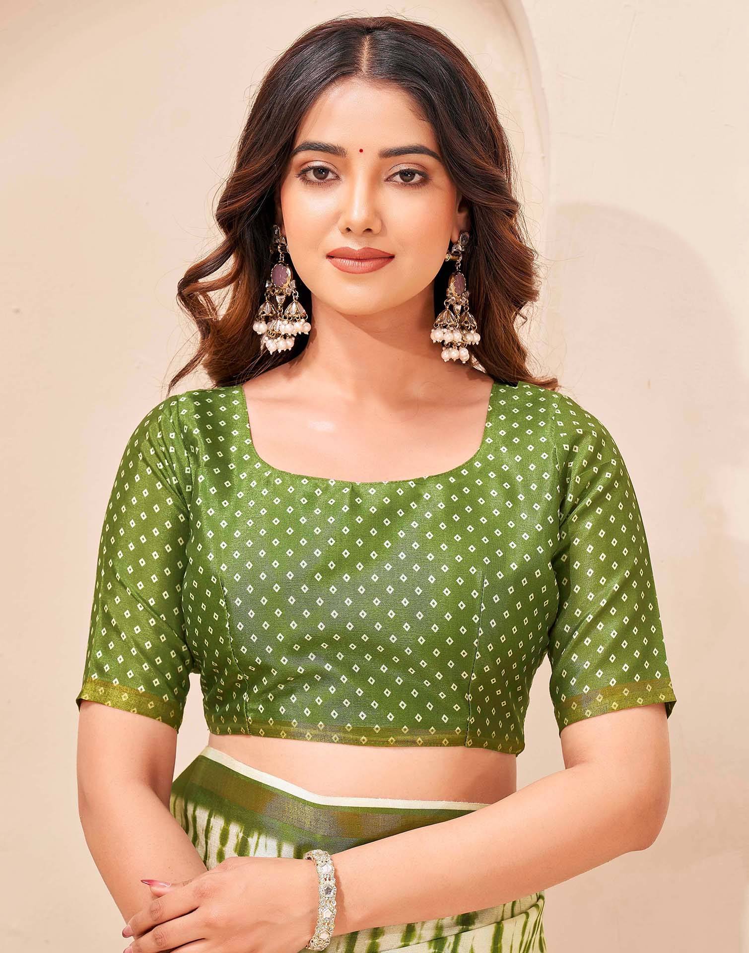 Mehandi Green Silk Printed Zari Stripe Saree - Image 7