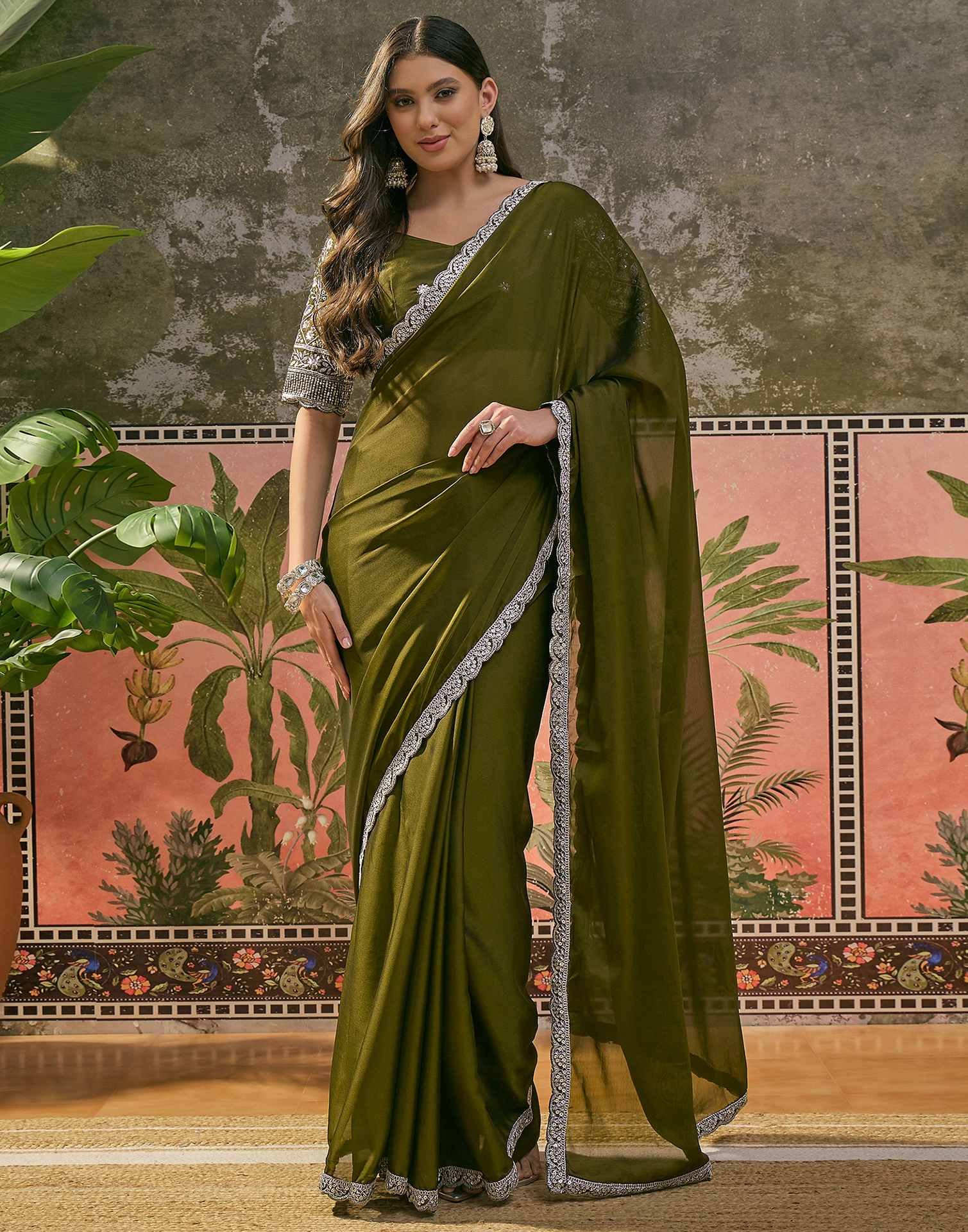Mehandi Green Silk Sequence Embroidery Lace Saree