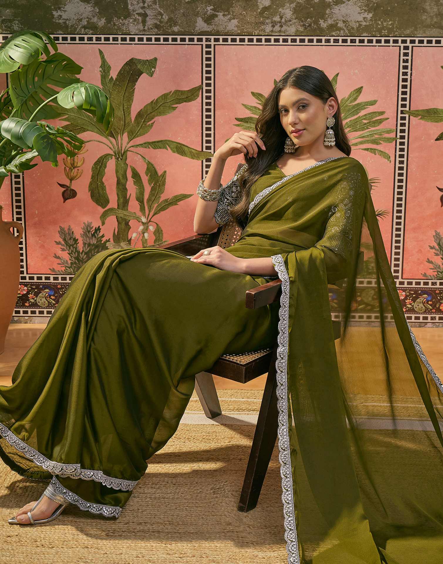 Mehandi Green Silk Sequence Embroidery Lace Saree - Image 7