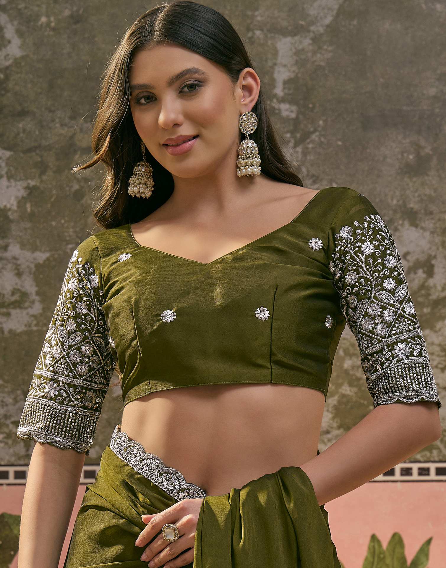 Mehandi Green Silk Sequence Embroidery Lace Saree - Image 8