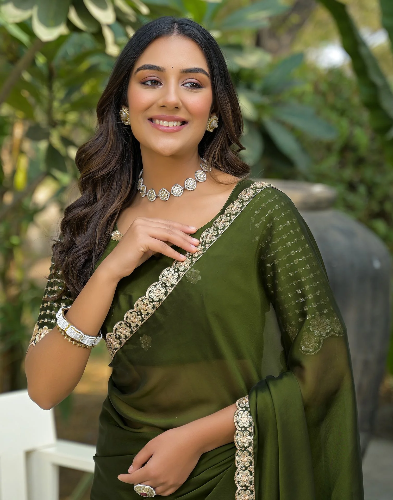 Mehandi Green Silk Sequence Embroidery Lace Saree - Image 2