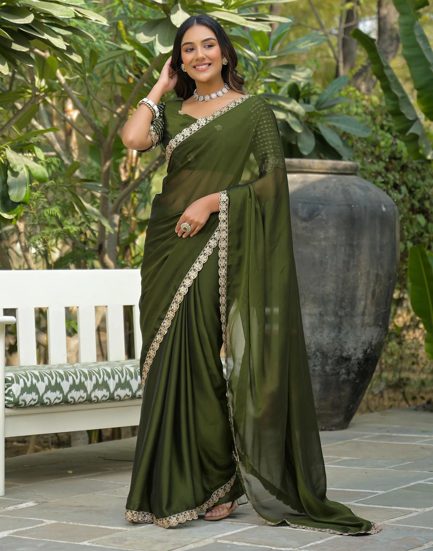 Mehandi Green Silk Sequence Embroidery Lace Saree - Image 4