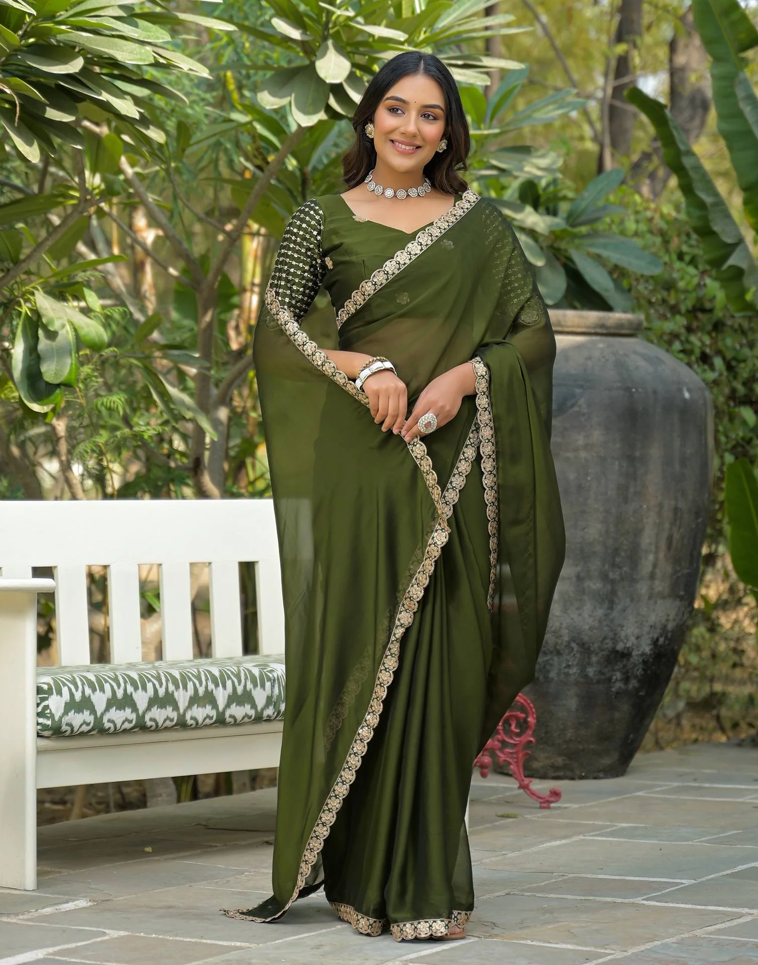 Mehandi Green Silk Sequence Embroidery Lace Saree - Image 7