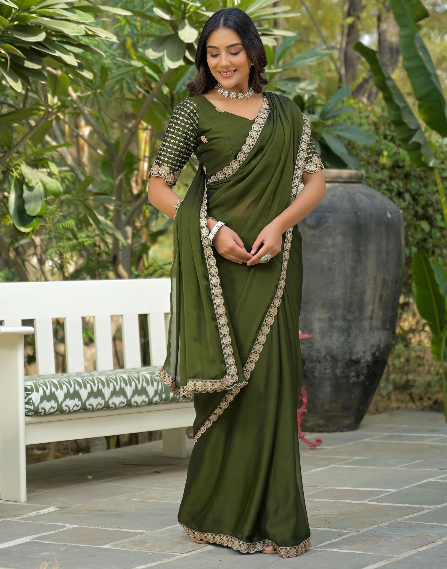 Mehandi Green Silk Sequence Embroidery Lace Saree - Image 8