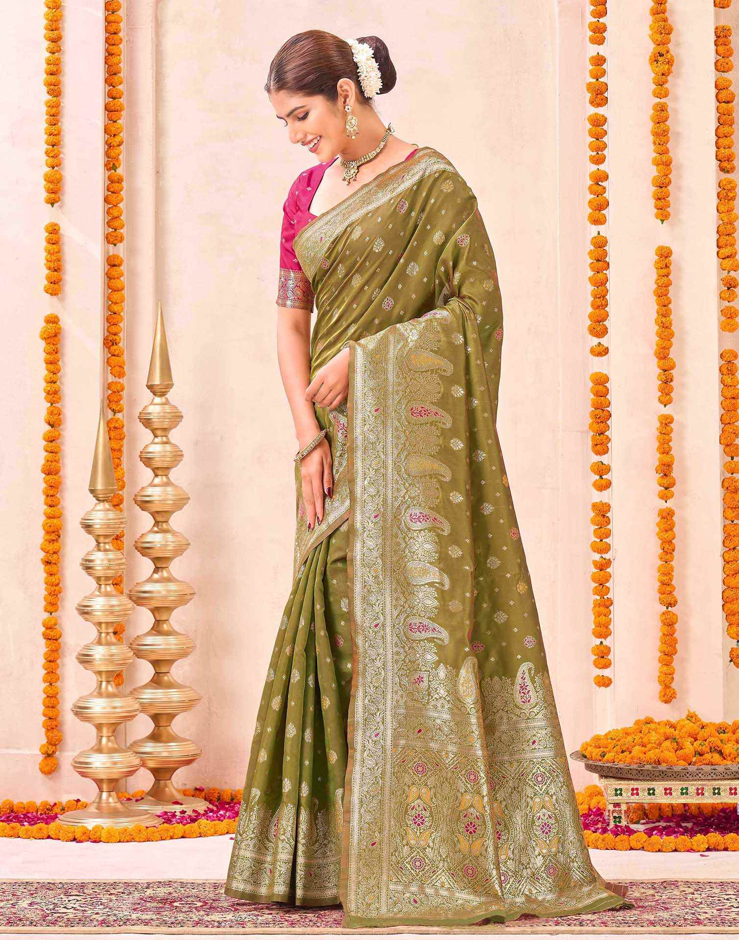 Mehandi Green Silk Woven Banarasi Saree - Image 4