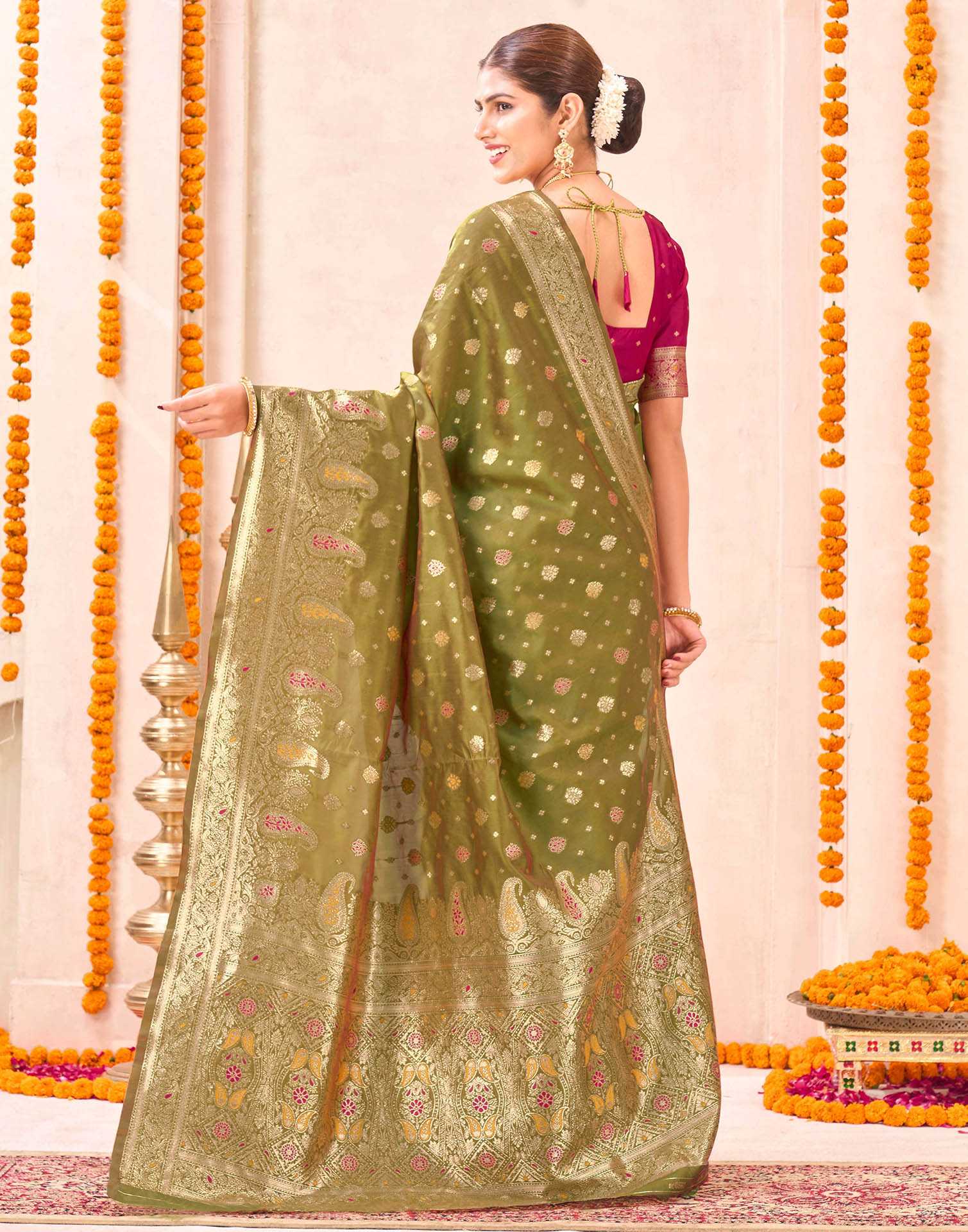 Mehandi Green Silk Woven Banarasi Saree - Image 6