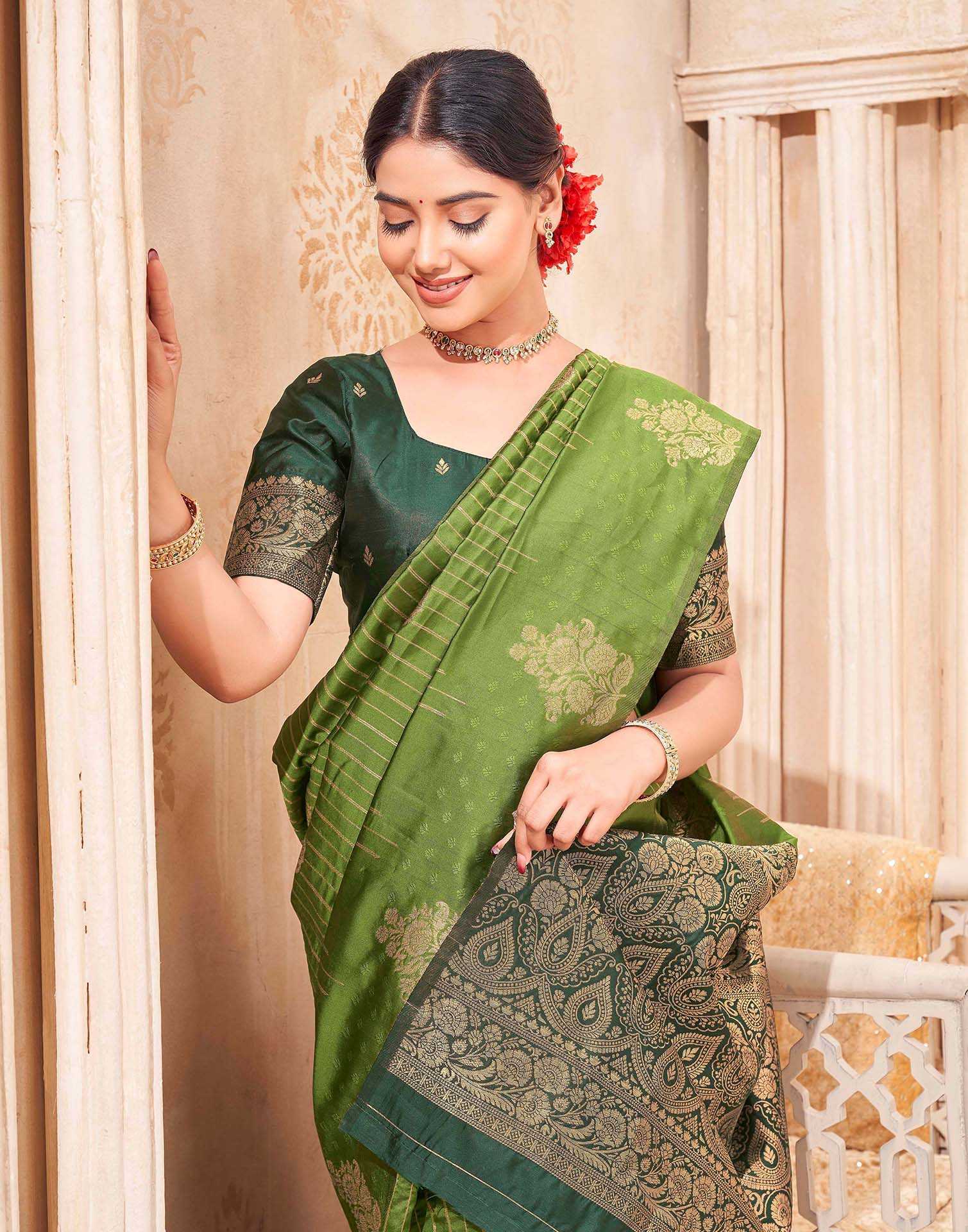 Mehandi Green Silk Woven Banarasi Saree - Image 2
