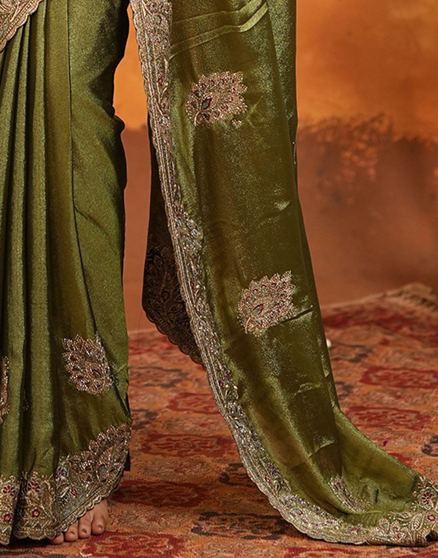 Mehandi Green Vichitra Silk Stone Work Embroidery Saree - Image 13