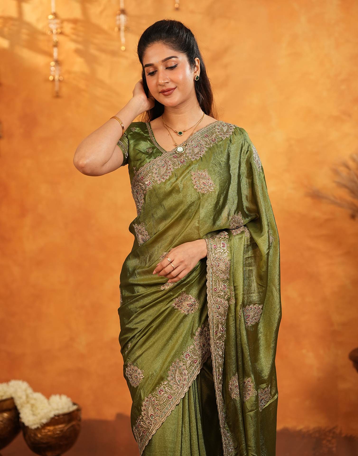 Mehandi Green Vichitra Silk Stone Work Embroidery Saree - Image 2