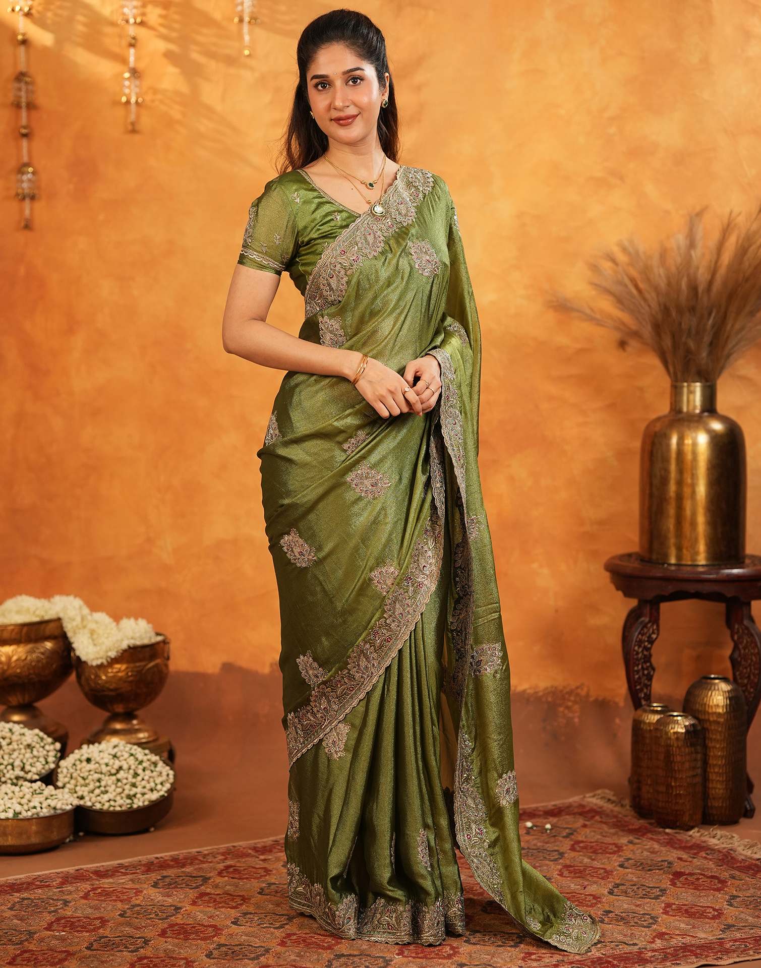 Mehandi Green Vichitra Silk Stone Work Embroidery Saree - Image 5