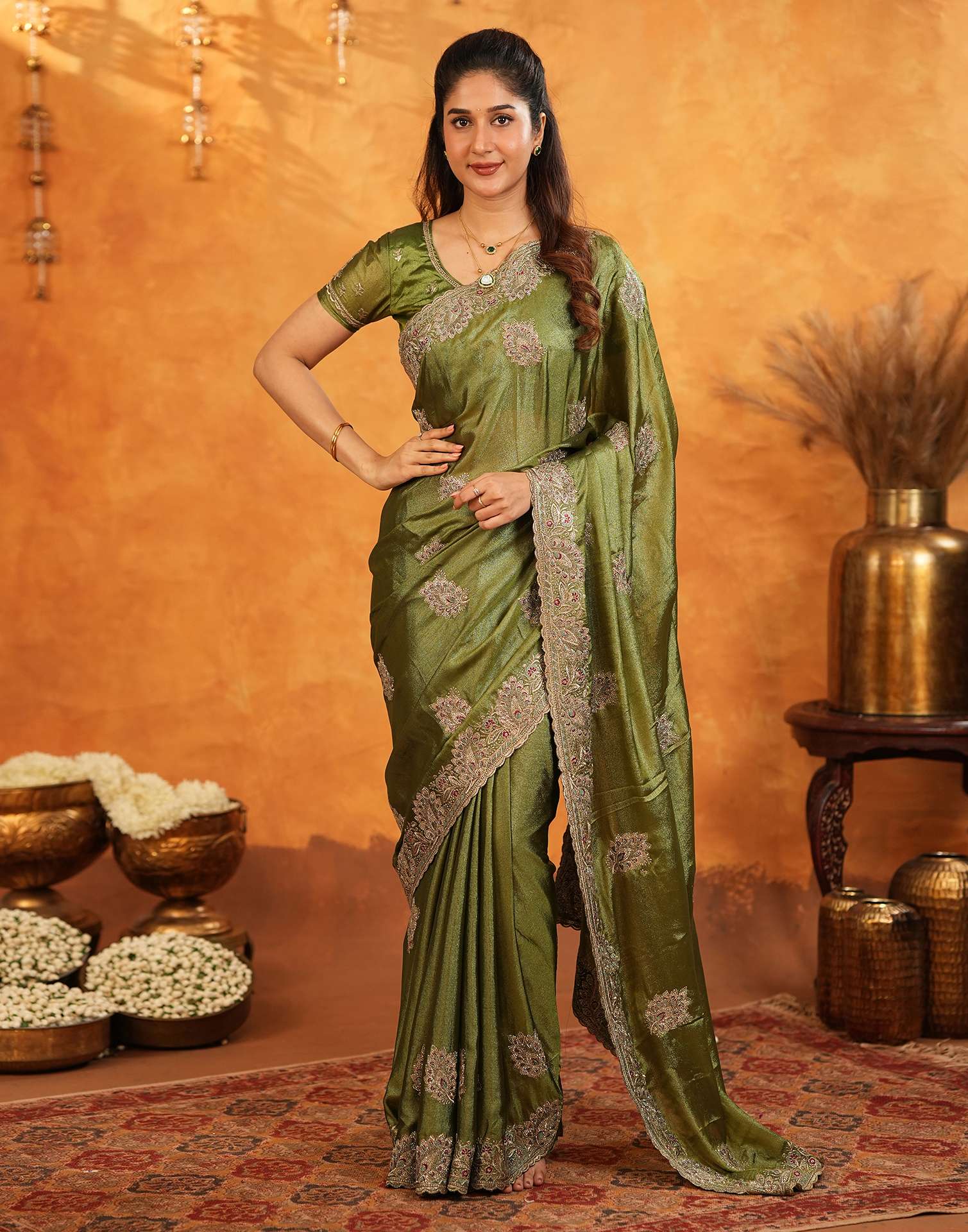 Mehandi Green Vichitra Silk Stone Work Embroidery Saree - Image 6