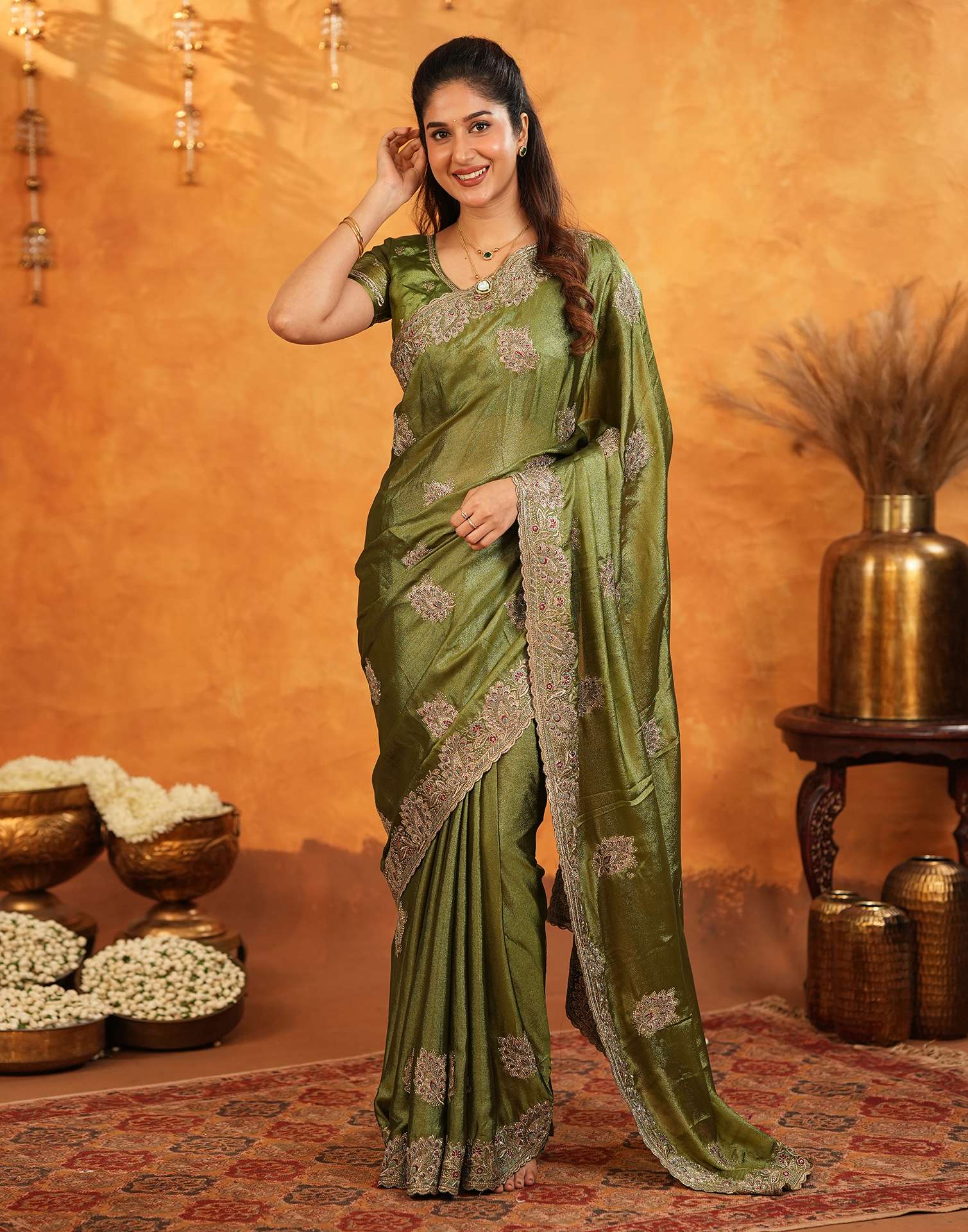Mehandi Green Vichitra Silk Stone Work Embroidery Saree - Image 8