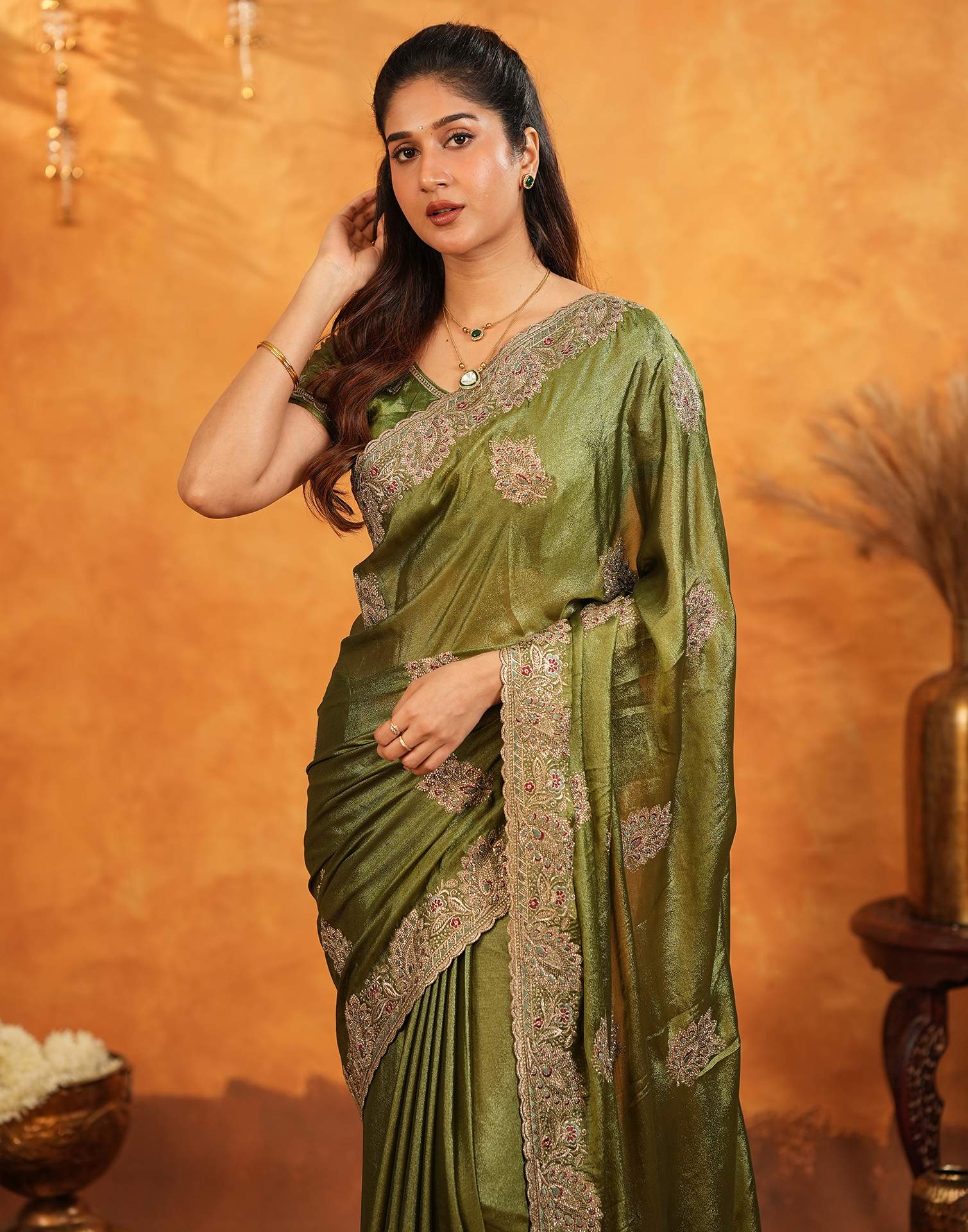 Mehandi Green Vichitra Silk Stone Work Embroidery Saree - Image 9