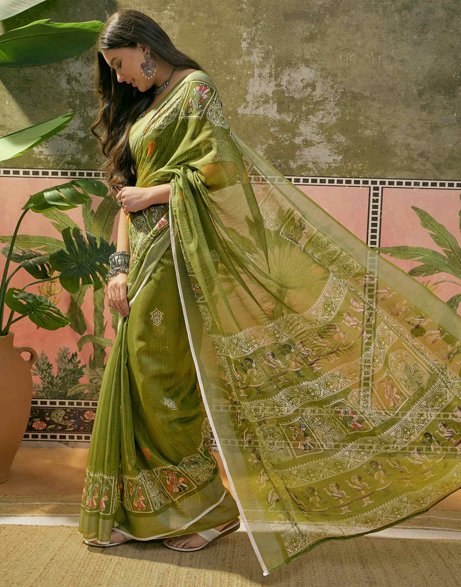 Mehndi Green Cotton Linen Printed Saree - Image 5