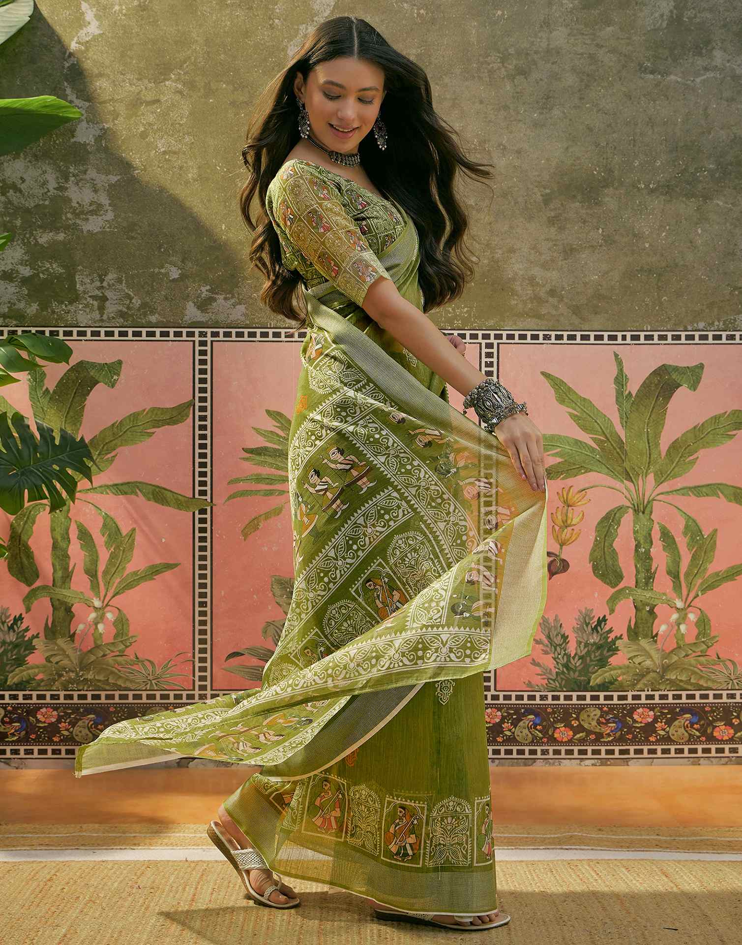 Mehndi Green Cotton Linen Printed Saree - Image 6