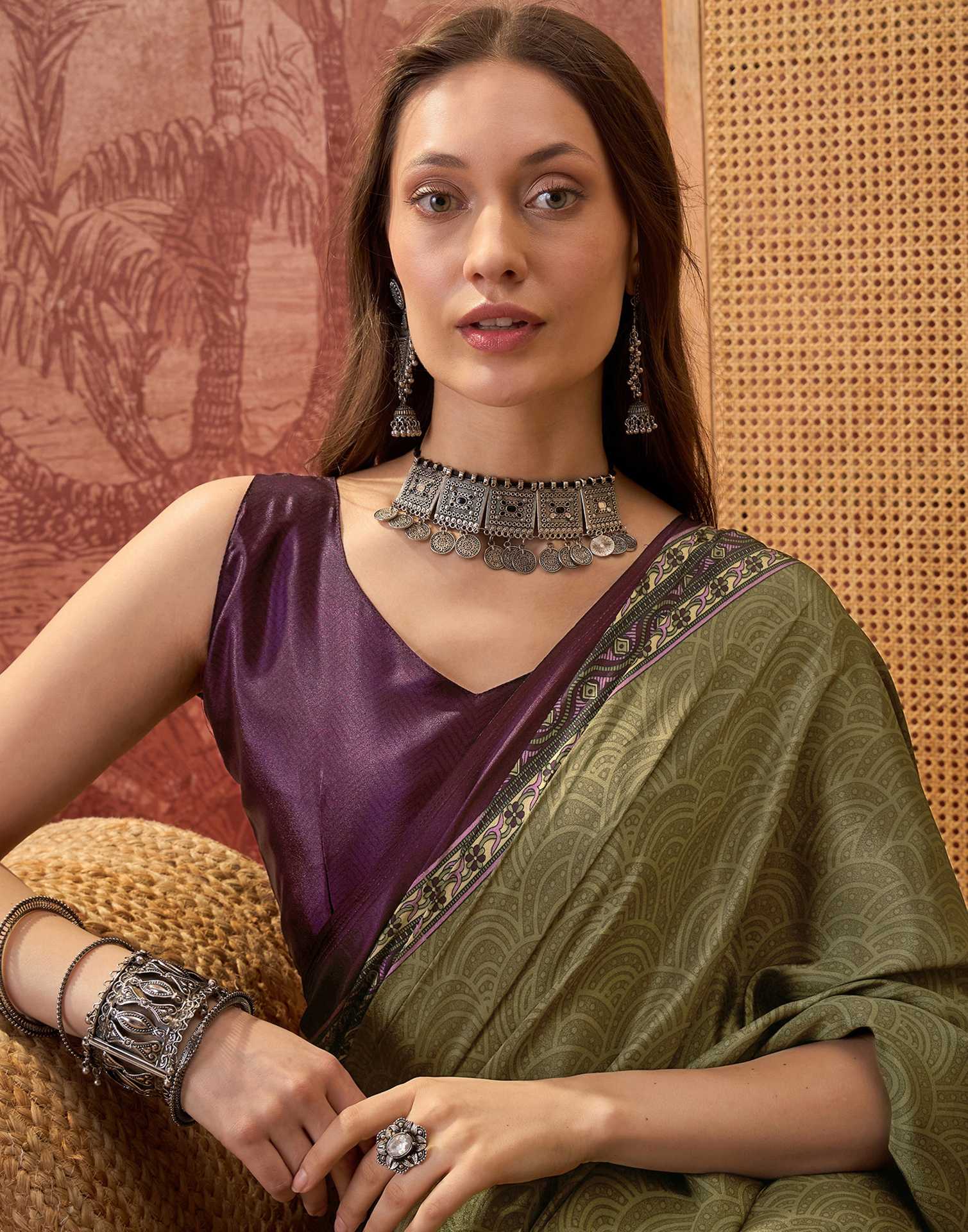 Mehndi Green Crepe Silk Printed Saree - Image 3