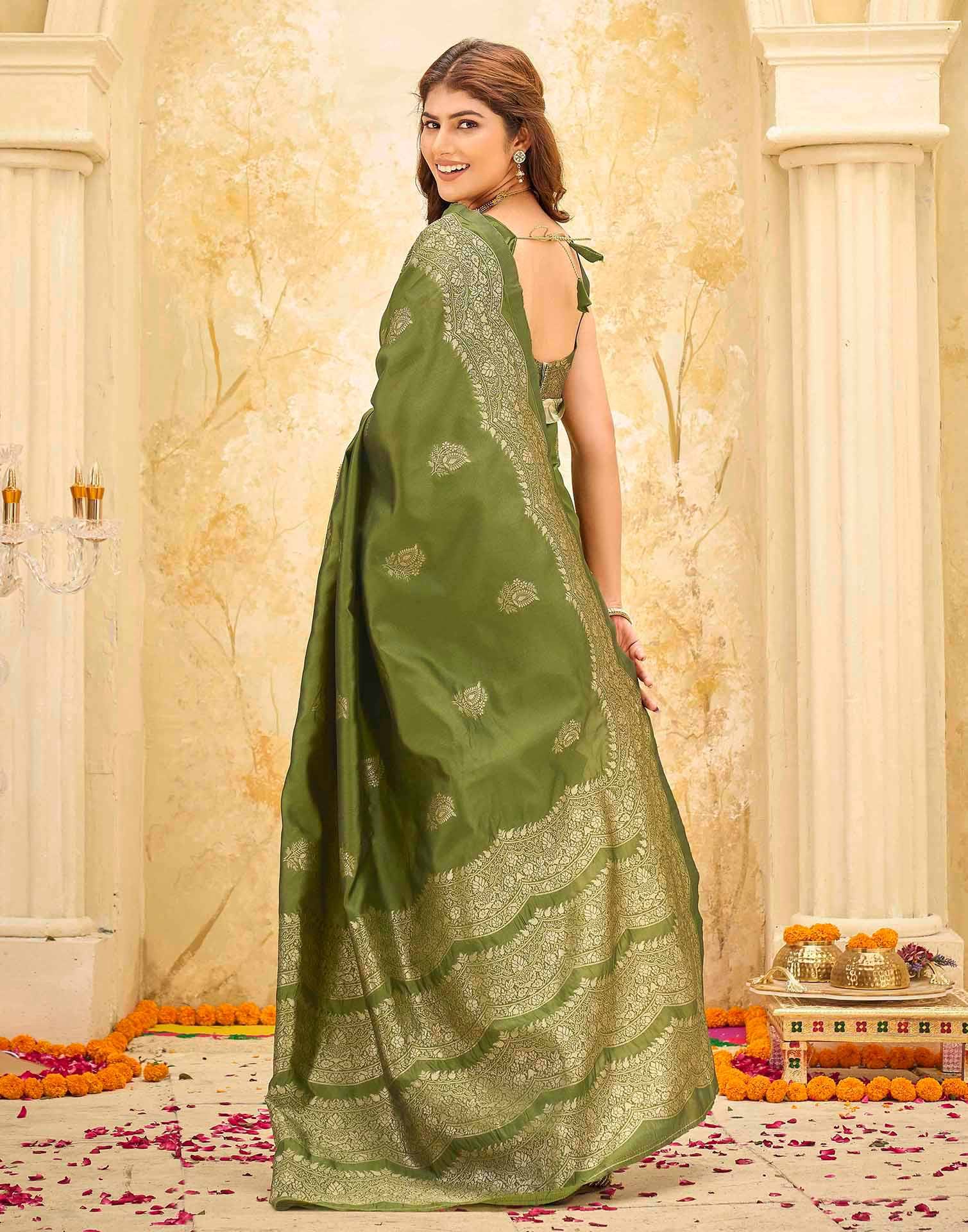 Mehndi Green Silk Woven Banarasi Saree - Image 6