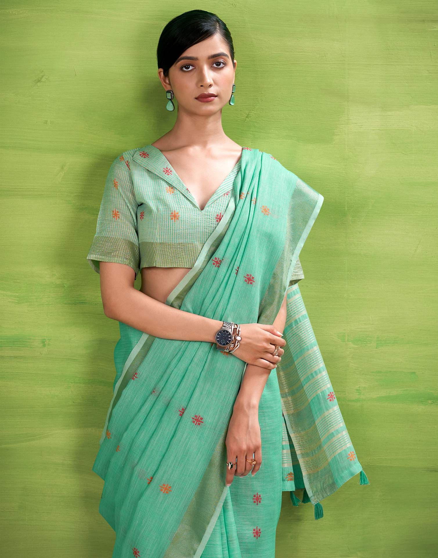 Mint Blue Linen Silk Woven Printed Saree - Image 4