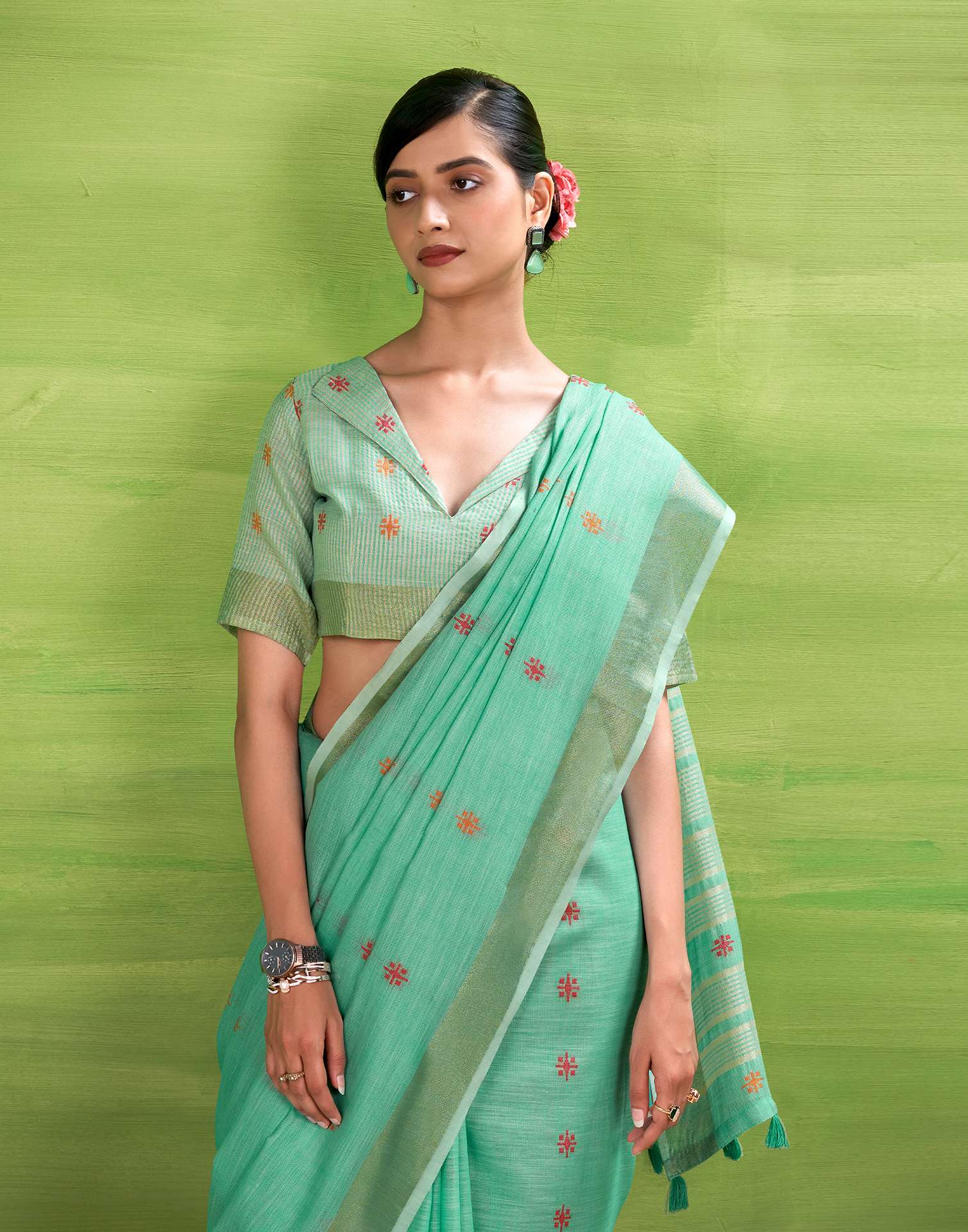 Mint Blue Linen Silk Woven Printed Saree - Image 5