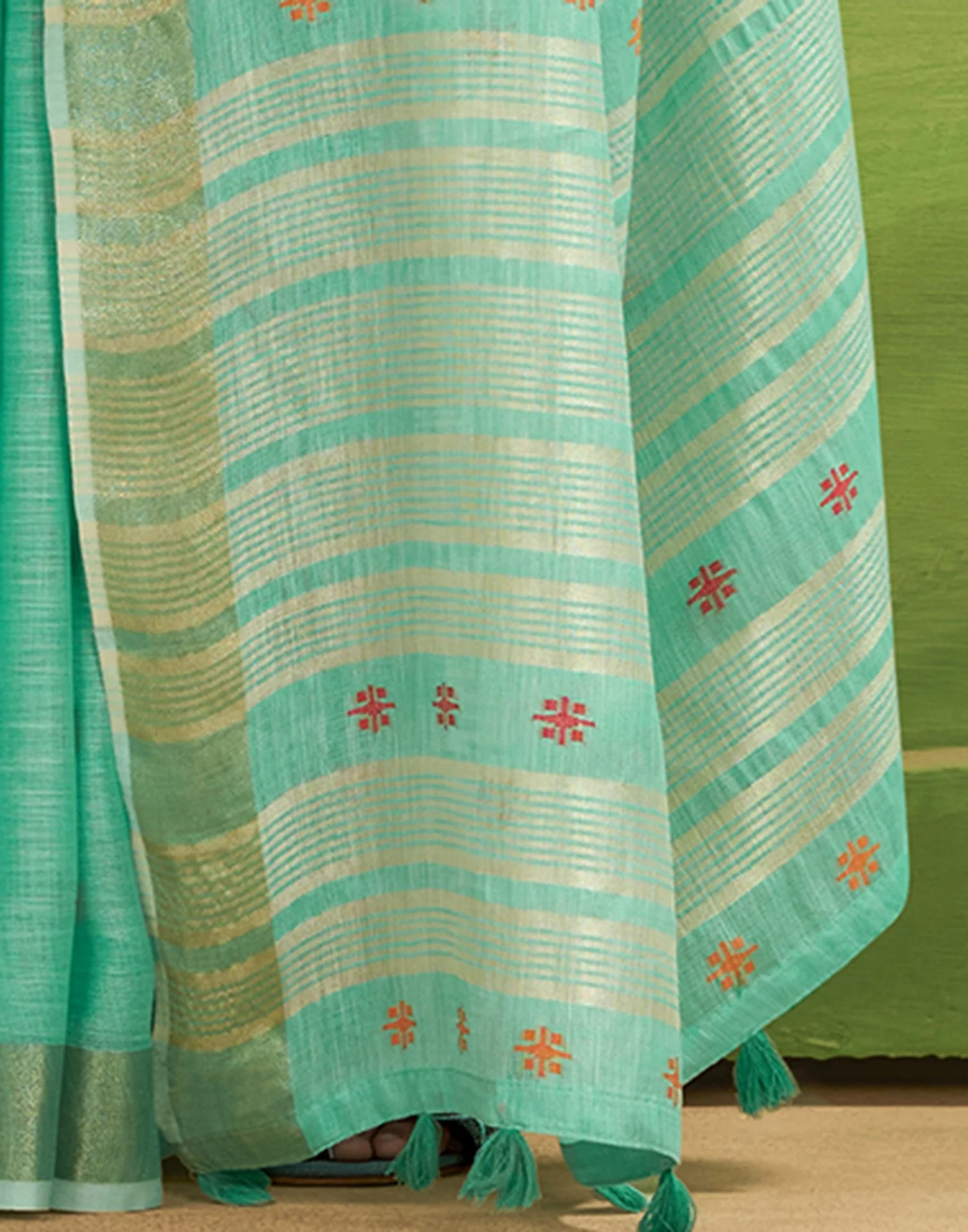 Mint Blue Linen Silk Woven Printed Saree - Image 6
