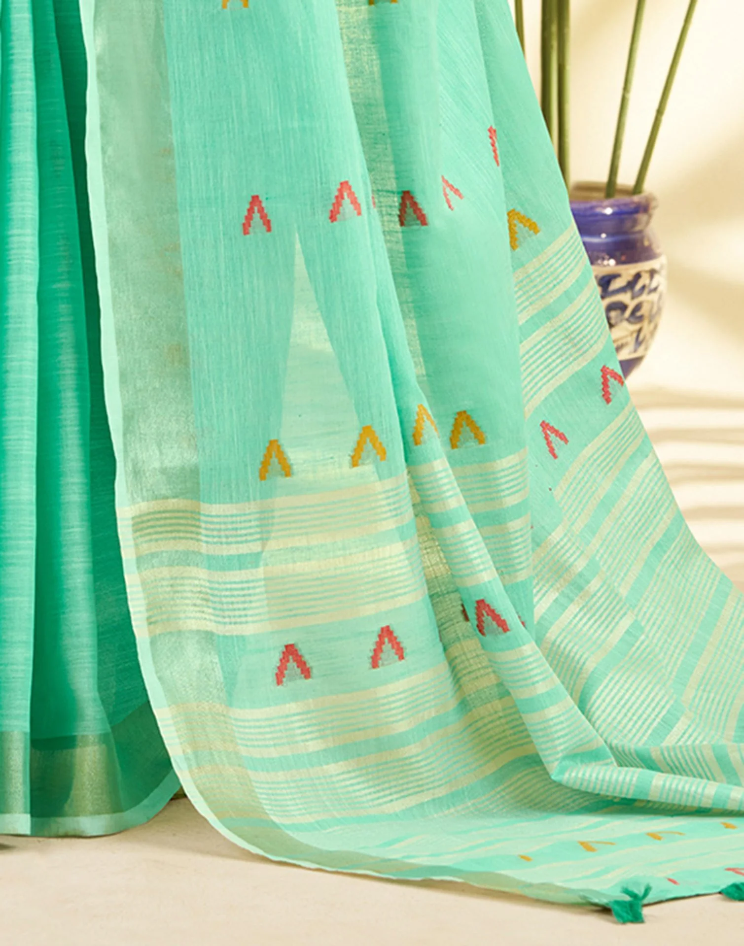 Mint Blue Linen Silk Woven Saree - Image 6