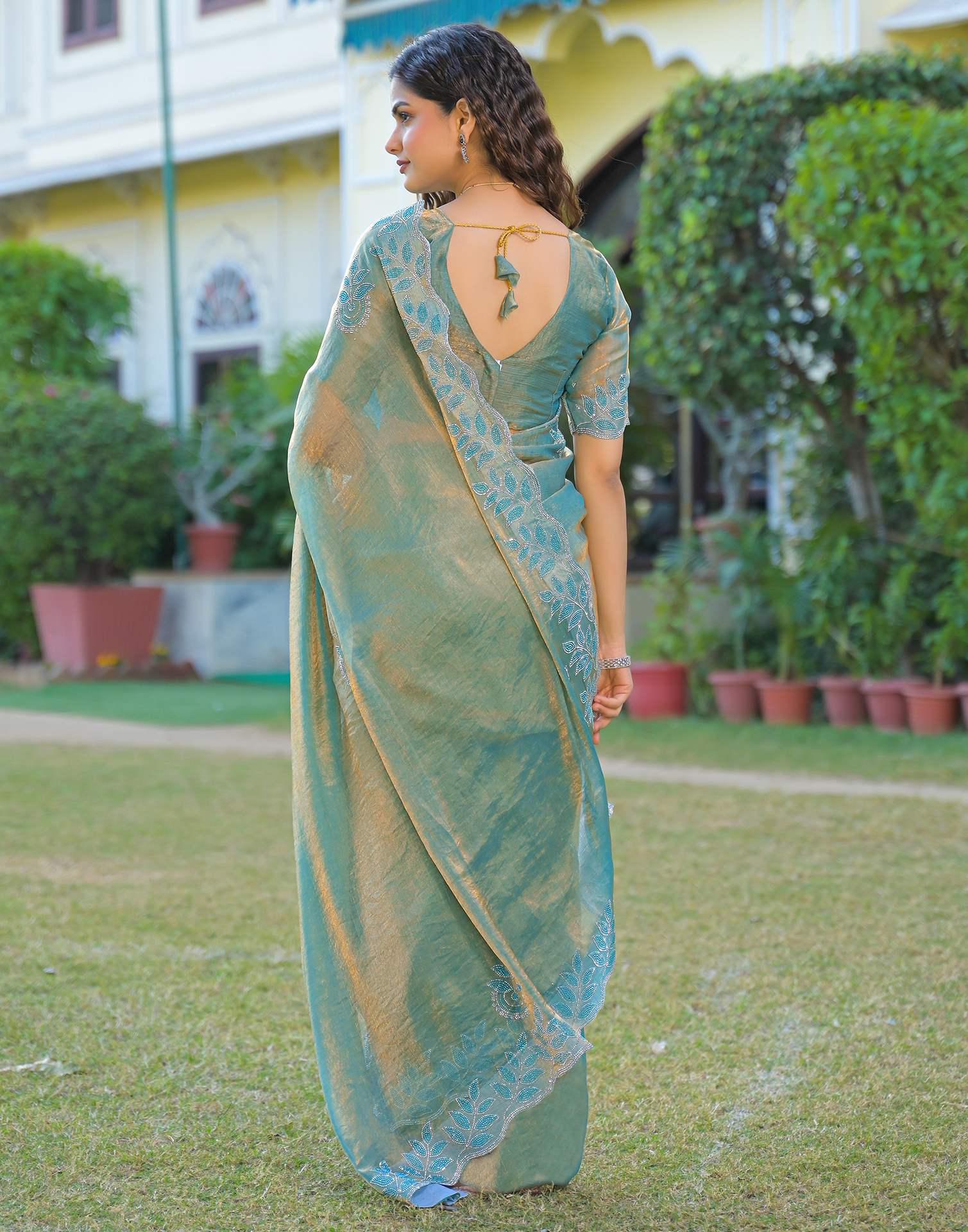 Mint Blue Shimmer Chiffon Stone Work Swarovski saree - Image 6