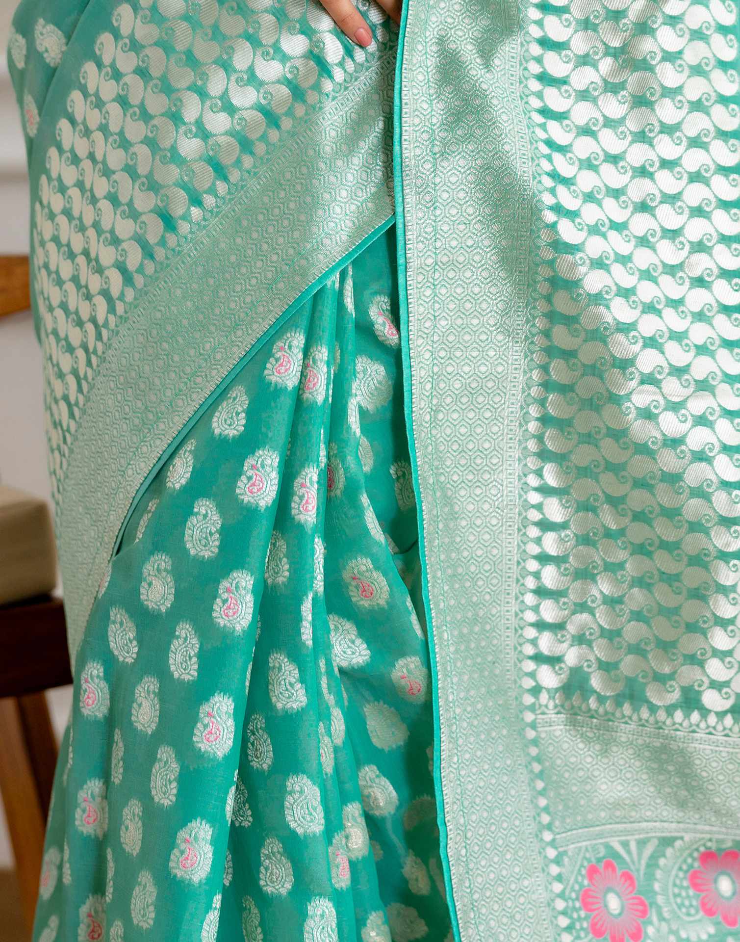 Mint Green Chanderi Woven Saree - Image 11