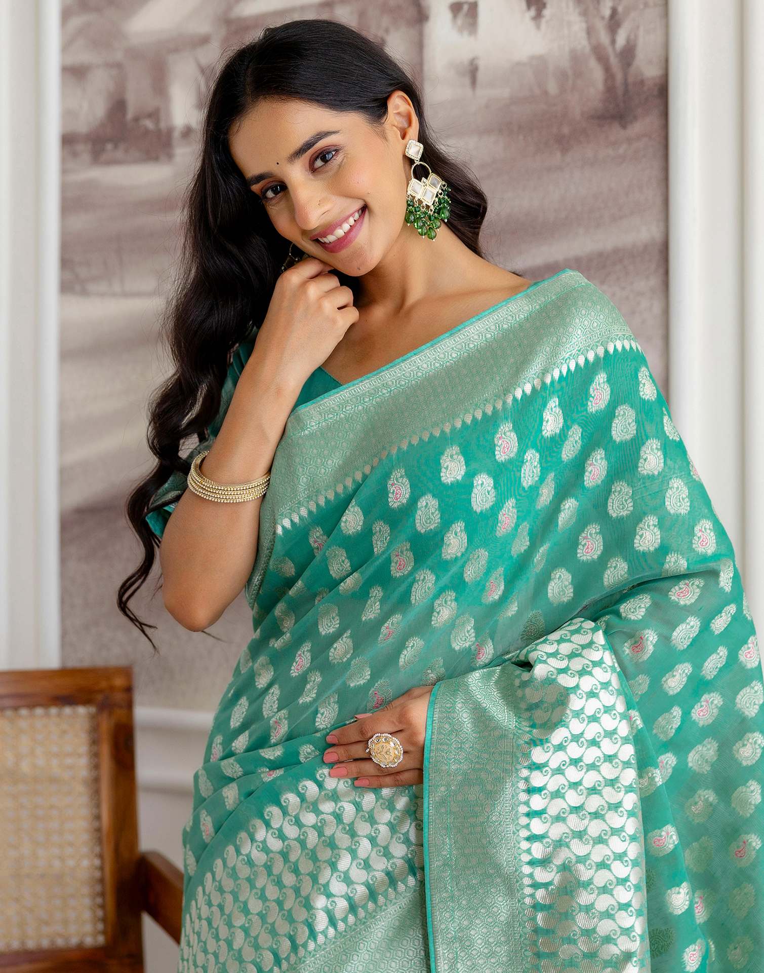 Mint Green Chanderi Woven Saree - Image 2