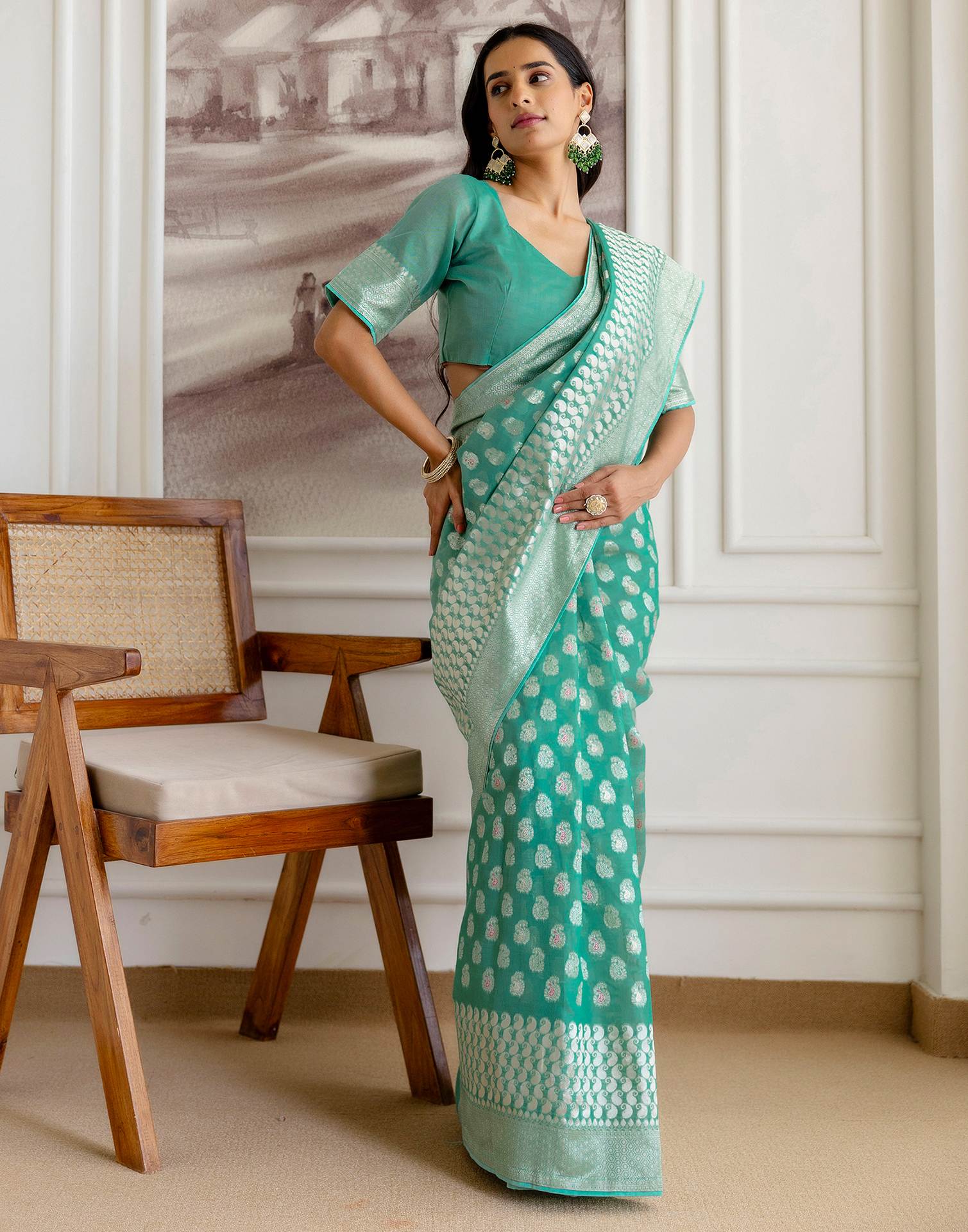 Mint Green Chanderi Woven Saree - Image 6
