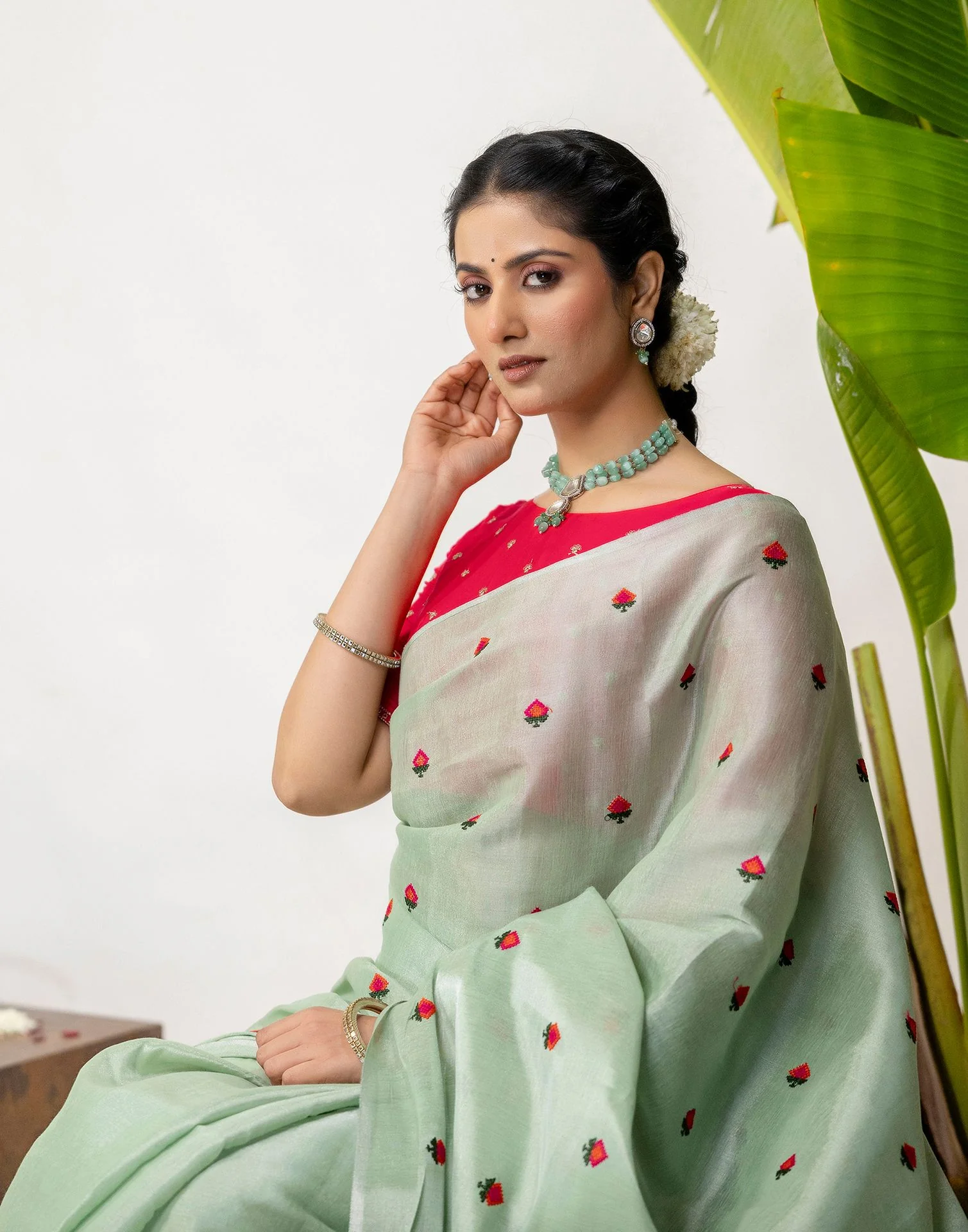 Mint Green Cotton Silk Embroidery Saree - Image 2