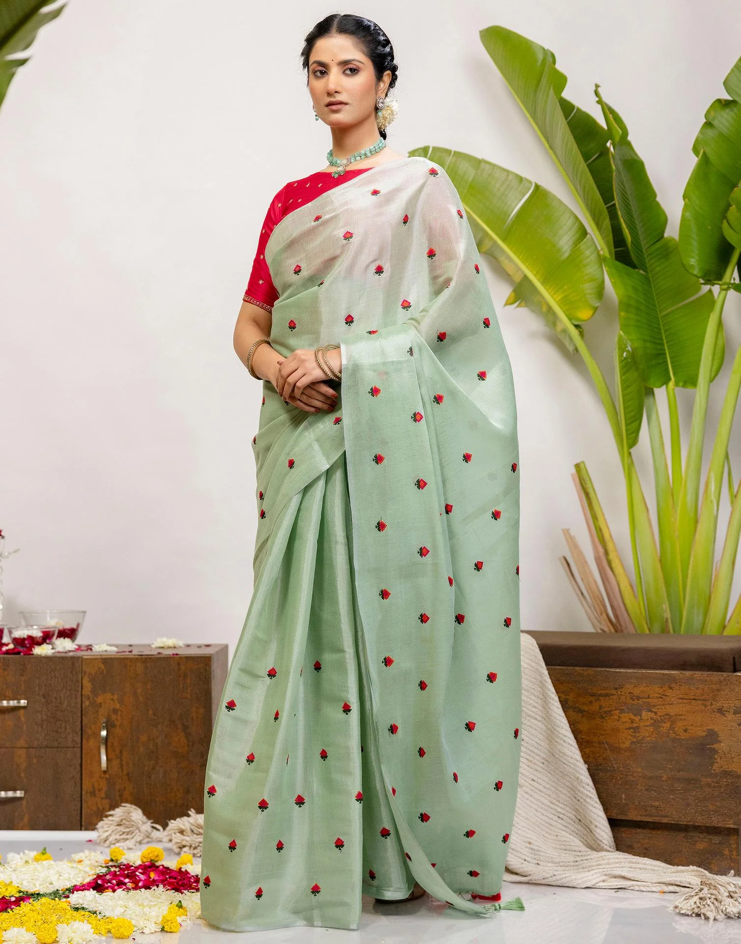 Mint Green Cotton Silk Embroidery Saree - Image 4