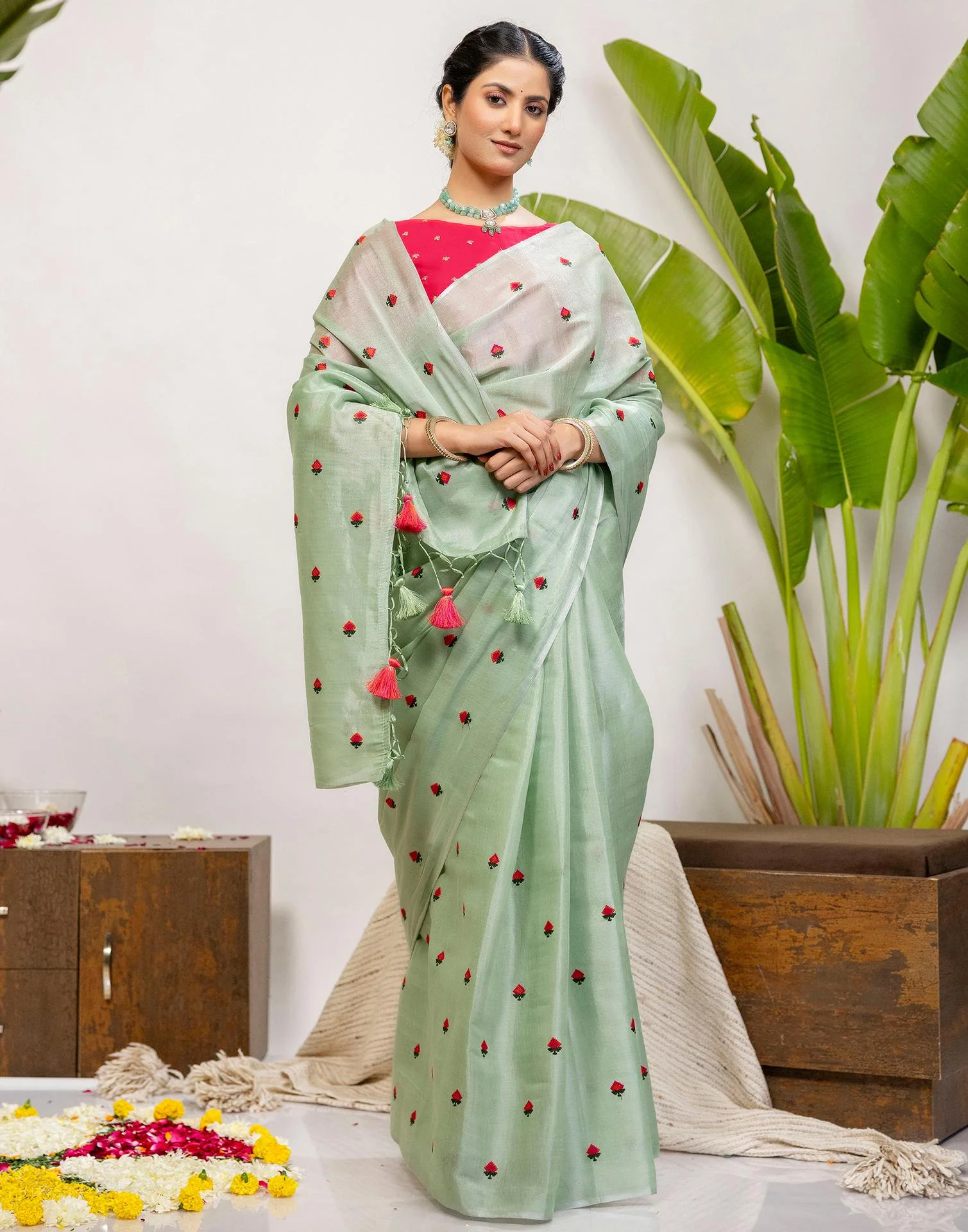 Mint Green Cotton Silk Embroidery Saree - Image 5