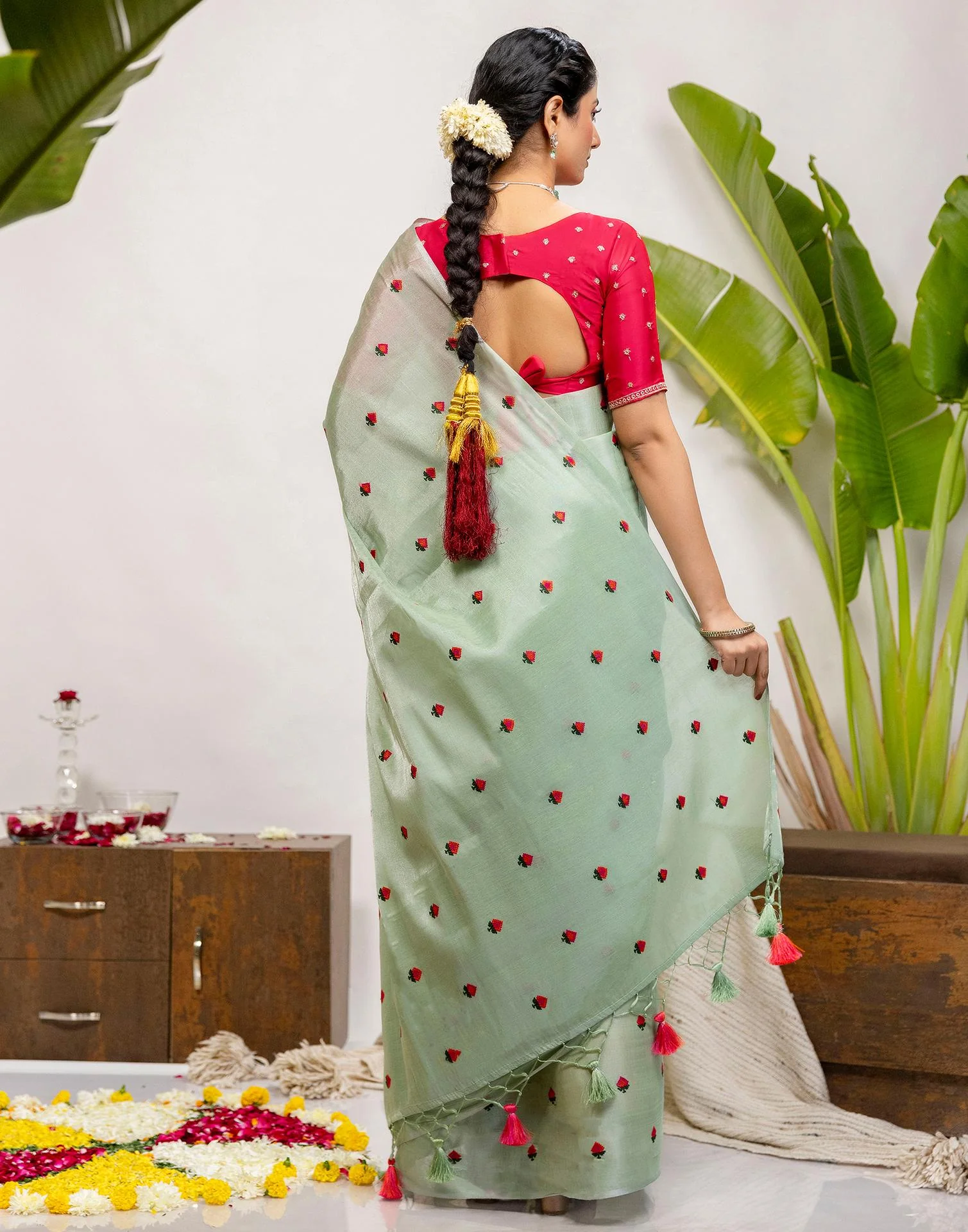 Mint Green Cotton Silk Embroidery Saree - Image 6