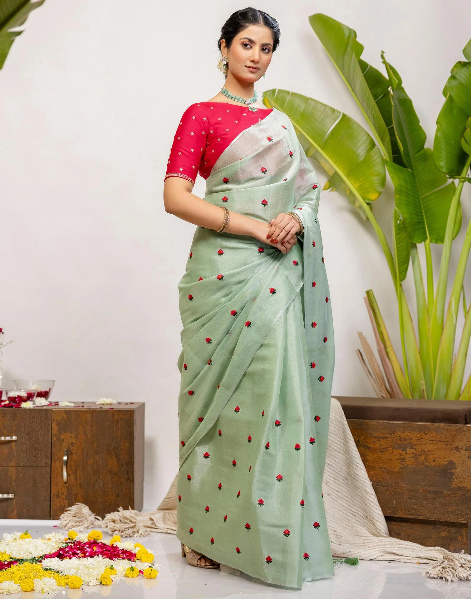 Mint Green Cotton Silk Embroidery Saree - Image 7