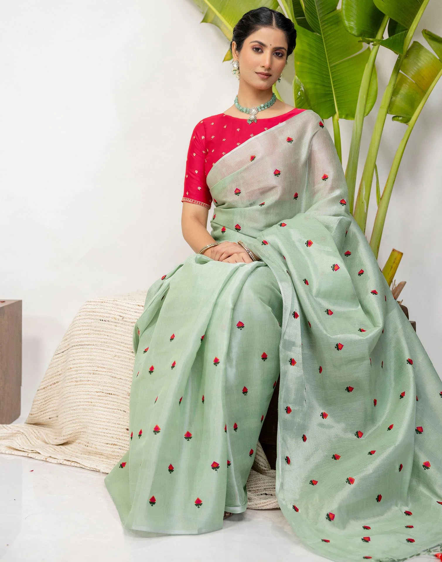 Mint Green Cotton Silk Embroidery Saree - Image 8