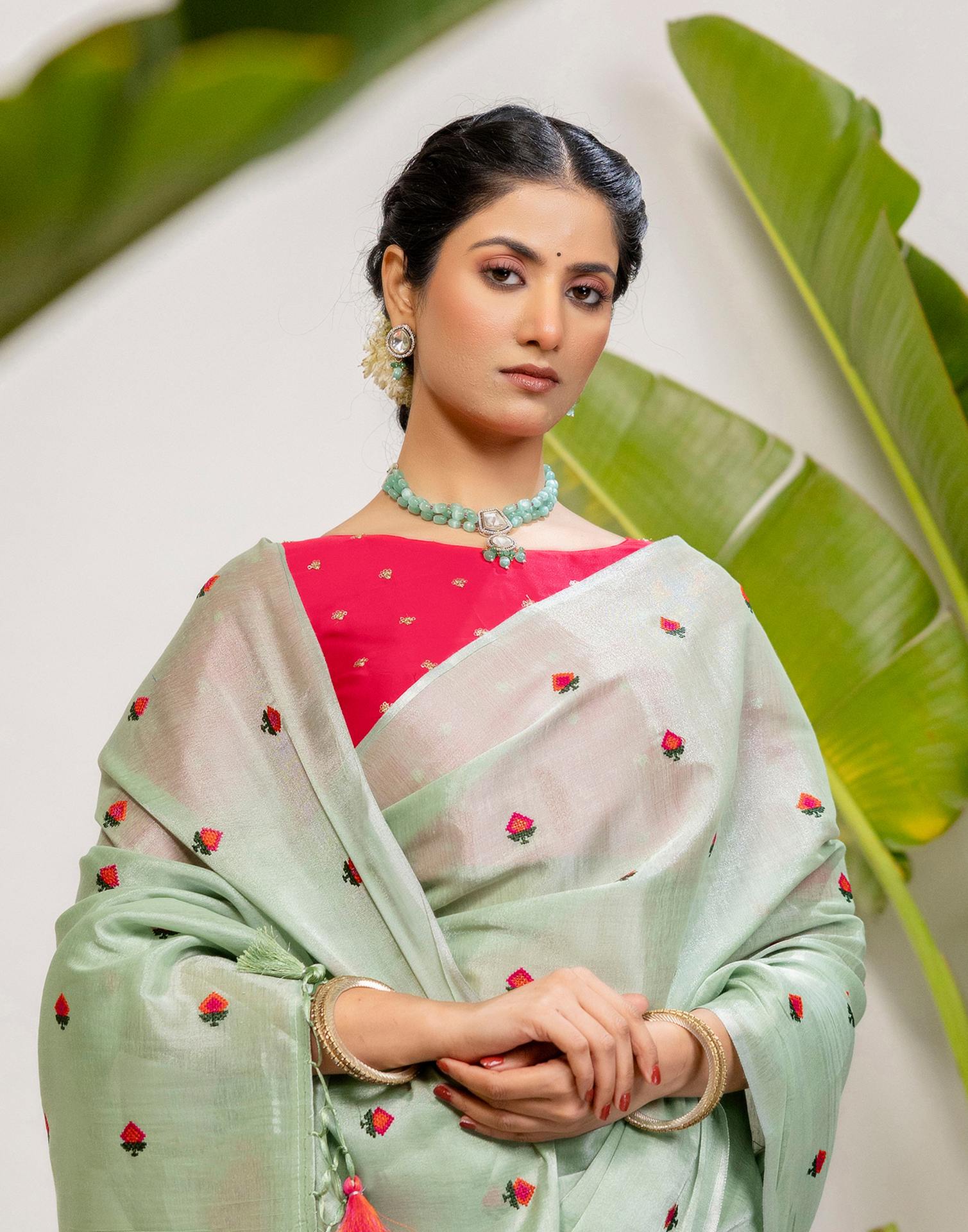 Mint Green Cotton Silk Embroidery Saree - Image 9