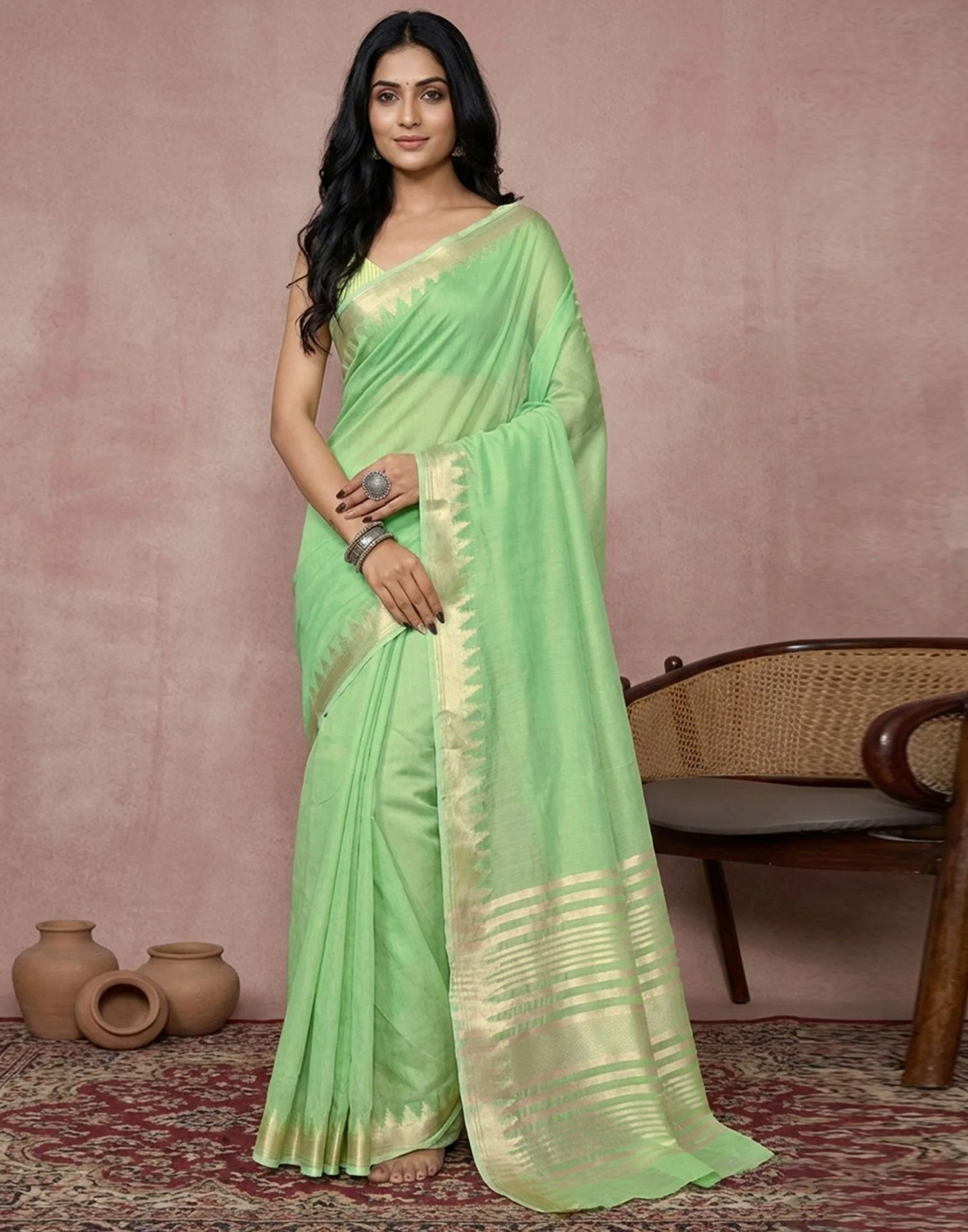 Mint Green Cotton Silk Woven Border Saree