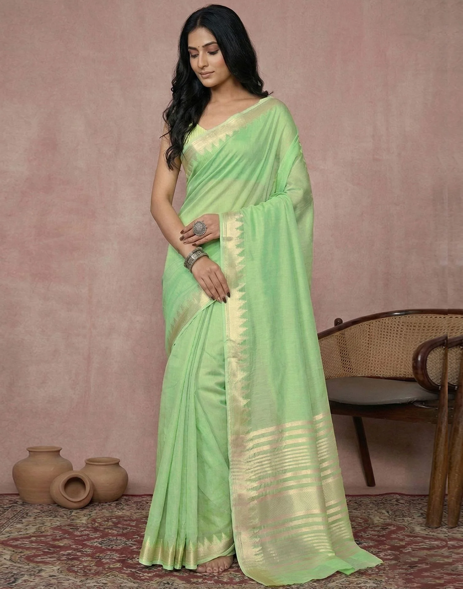 Mint Green Cotton Silk Woven Border Saree - Image 4